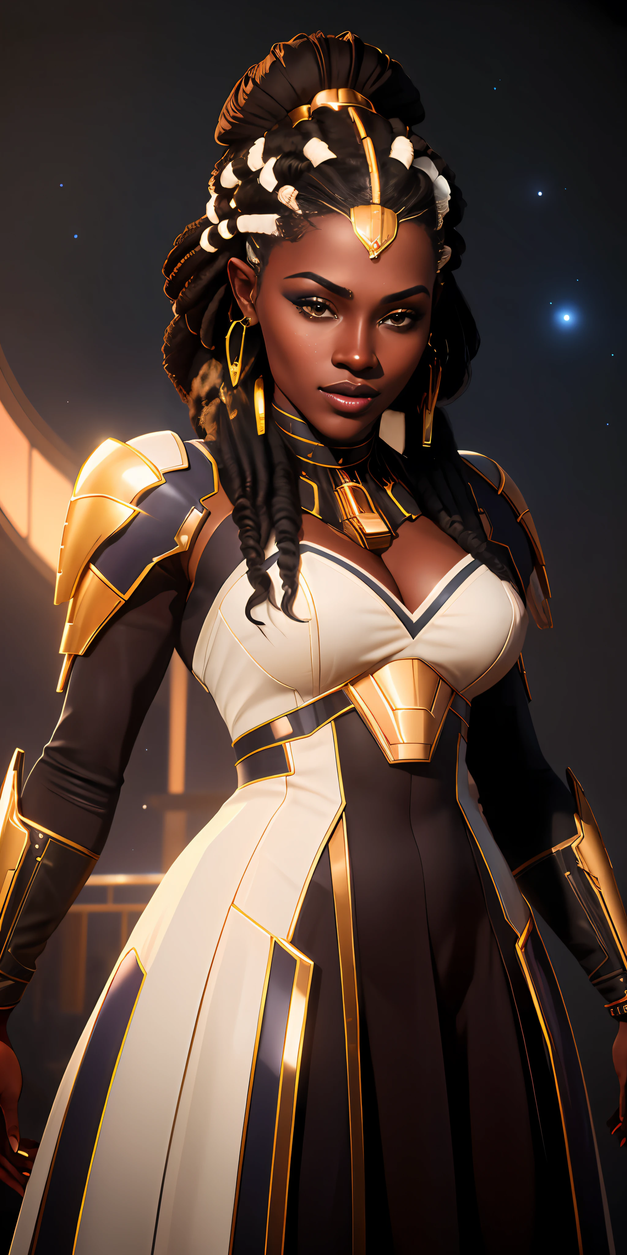 ((realistic image of a beautiful African-American woman, dark skin color)), beautiful smile, ((looking at the night sky, standing natural pose, in front of the Millennium Falcon)), wearing mandallor armor, long mega hair hair, dreadlocks, ((kanekalon)), camera view against plongée, golden ratio, dark background lighting, close-up, detailed facial details, perfect face, sharpness, trend art, Sharp facial details, ultra high quality, line art, high fantasy, exquisite, 4k, soft lighting 8k, dreamy --iso 100