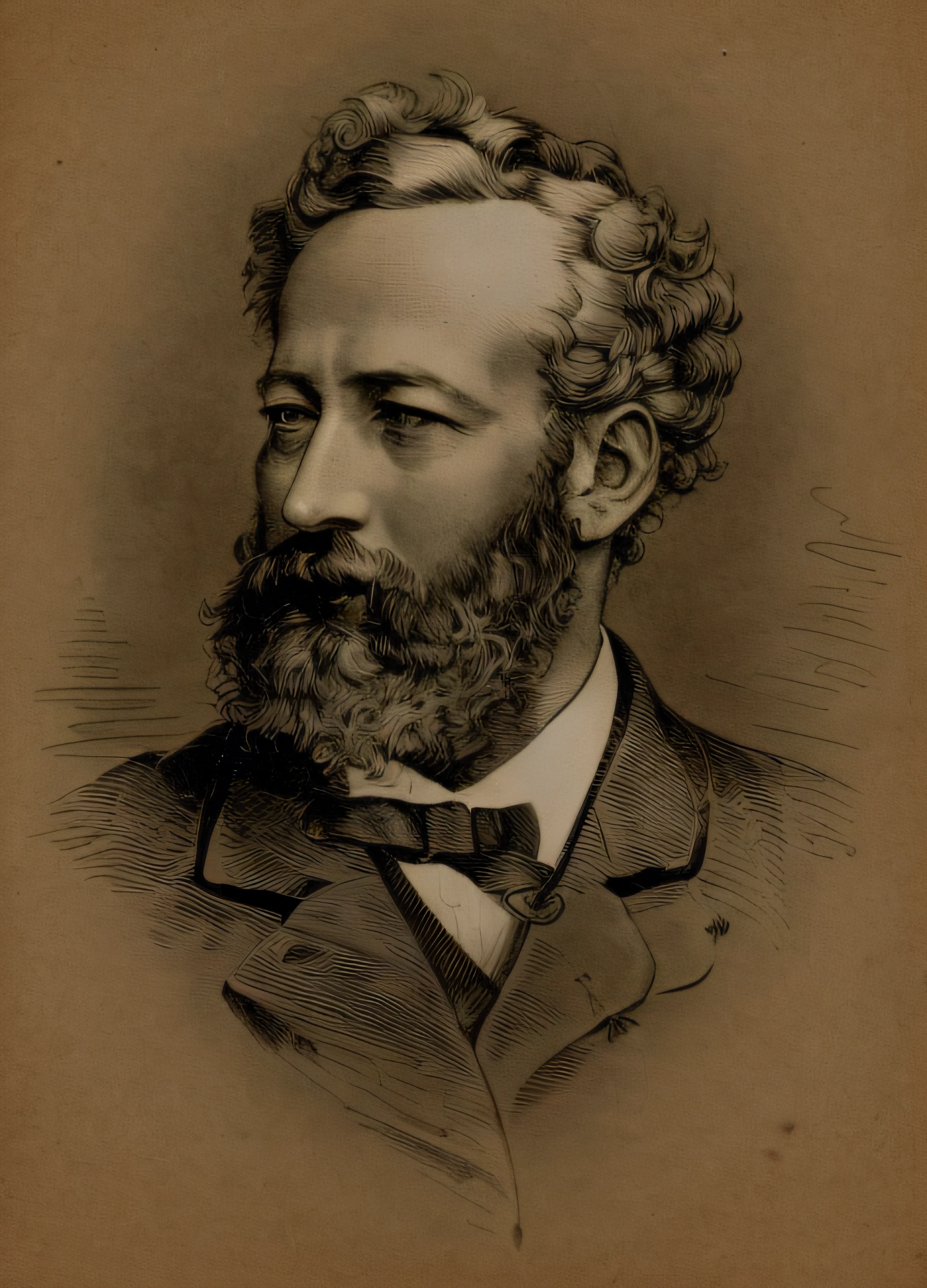 a drawing of a man with a beard and a bow tie, jules verne, gustav moreau, william-adolphe, charles theodore frere, adolphe bouguereaum, a mid-nineteenth century engraving, (jean jules linden), francois - edouard picot, Henry Alvim Correa, by Sydney Prior Hall