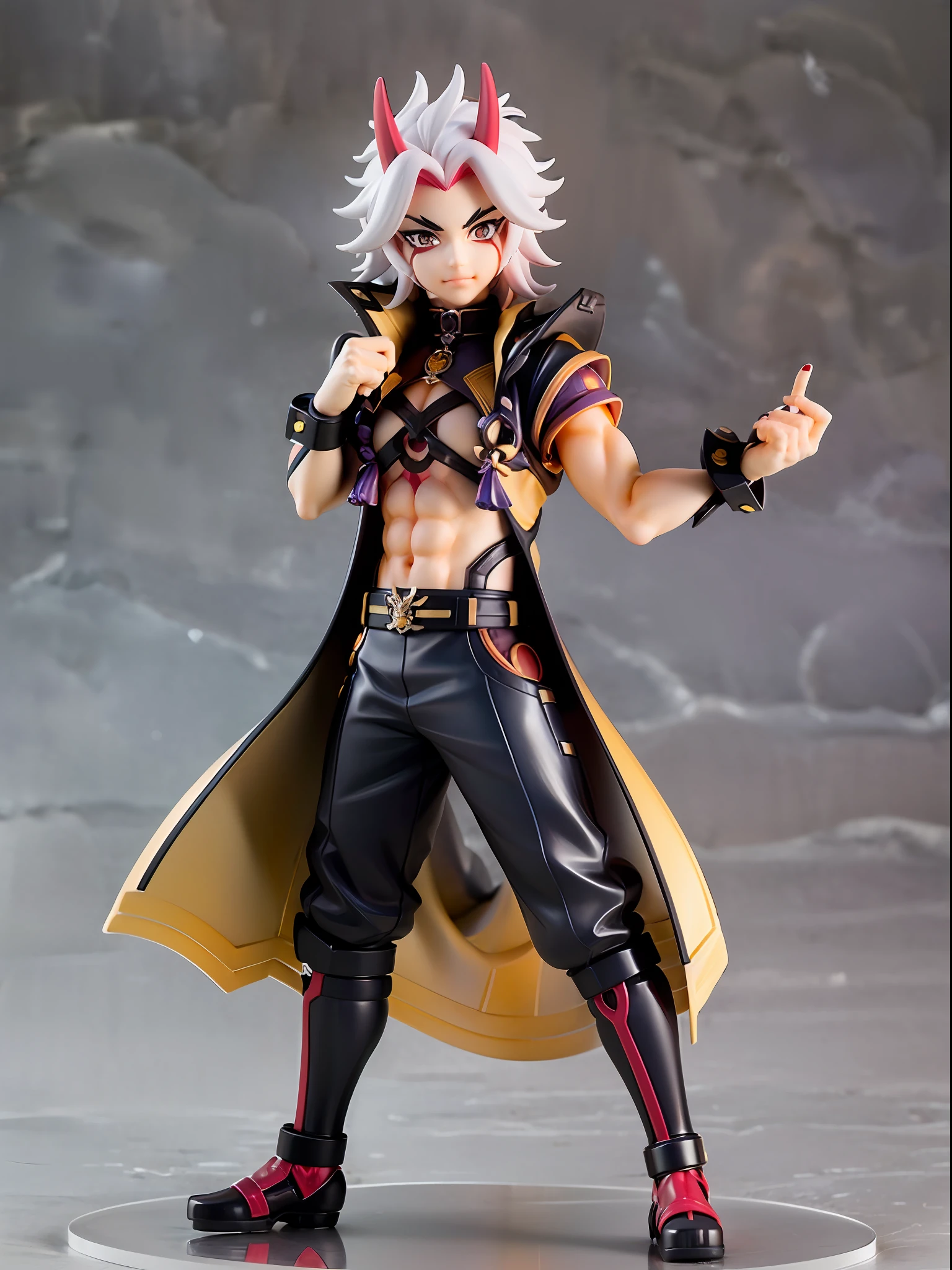 (Blind box toy style:1.3), (Full body shot) , 1 masterpiece, Best quality, ((anatomy correct,1 boy solo)),(arataki itto:1.2) (Genshin Impact), male focus, black nails, arataki itto, red horns, solo, long white hair, ,plastic style, Clean, Clean dark background (circular base)( Global illumination, Ray traching, hdr, unreal render,reasonable design, high detal, Masterpiece, Best quality, hyper HD, Cinematic lighting)
