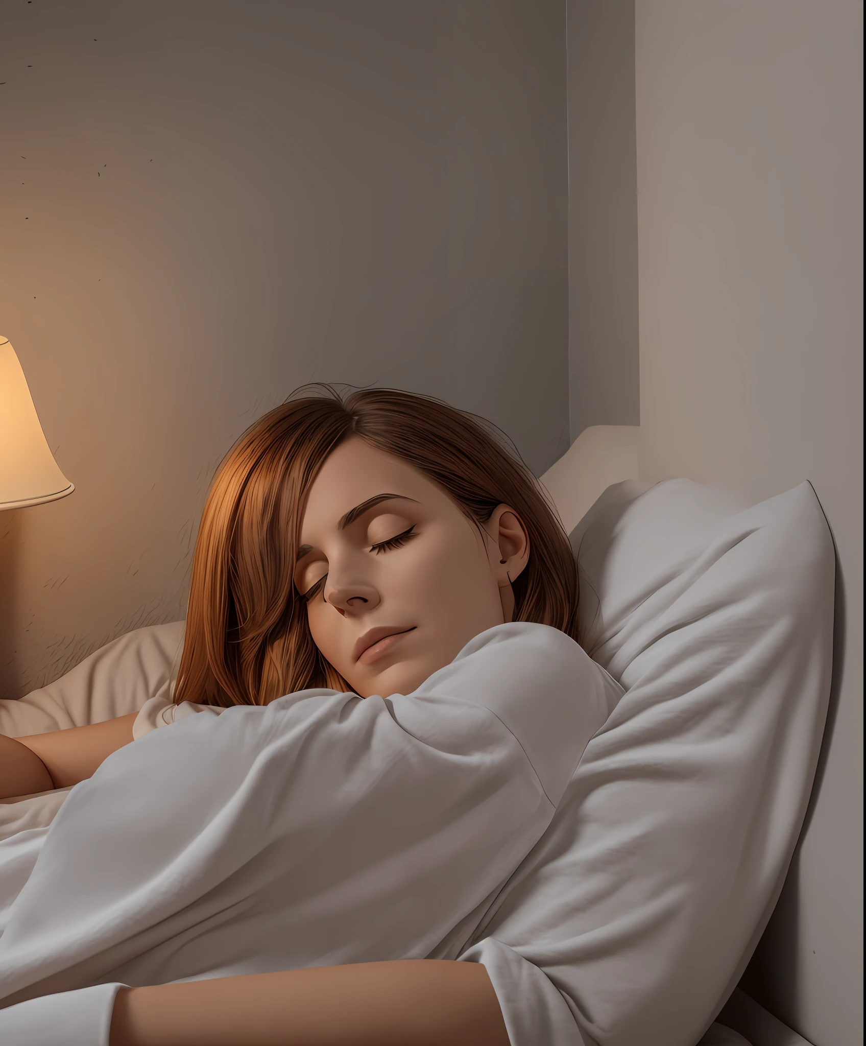 woman, 35 years old,  with insomnia, lying in bed, eyes open, looking at the wall, side view, medium breasts, penumbra, lamp light, illuminated face, nostalgic atmosphere, ultra definition image, realistic photo, 8k --auto --s2