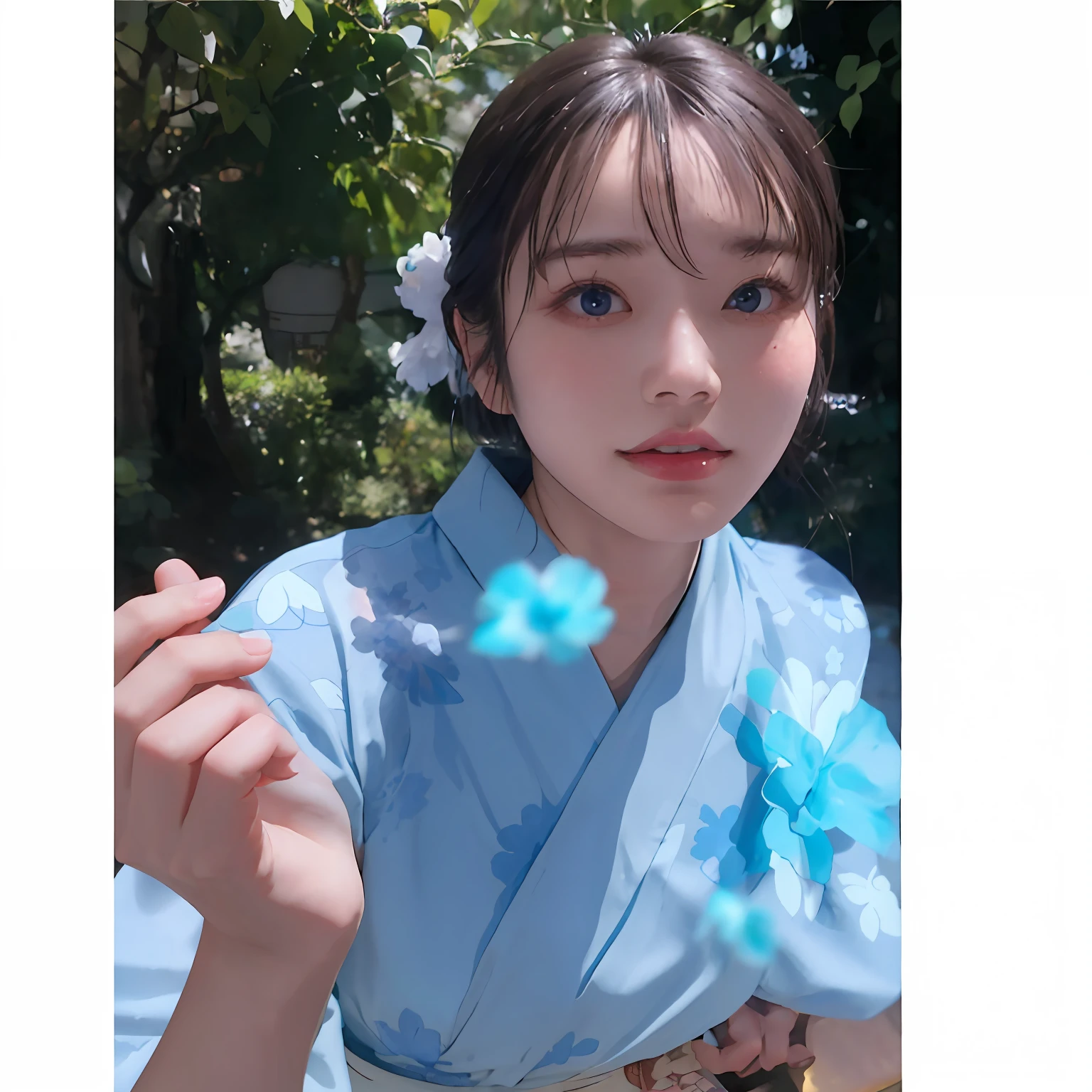 top-quality、​masterpiece、A dark-haired、One bun hair、look up to、The upper part of the body、japanaese girl、Best eyes、Light blue floral yukata、、4K.