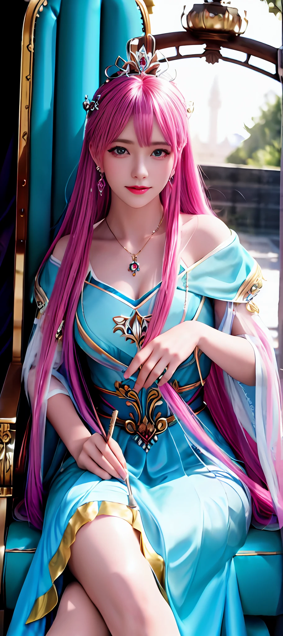 realisticity: 1.2), best quality, masterpiece, highres, super detail, ultra detail, cg, 1girl, queen, weapon, sword, long hair, dress, water, solo, jewelry, yellow dress, wearing a very beautiful dress, wearing a very beautiful crown, earrings, hair ornament, splashing, upper body super realistis, hair bun, blue and pink hair, sitting on a magnificent and beautiful royal throne backgraun super realistis and super detai, ultra detail, lighting,candid, Photograph, high resolution, 8k, 10k, Bokeh,