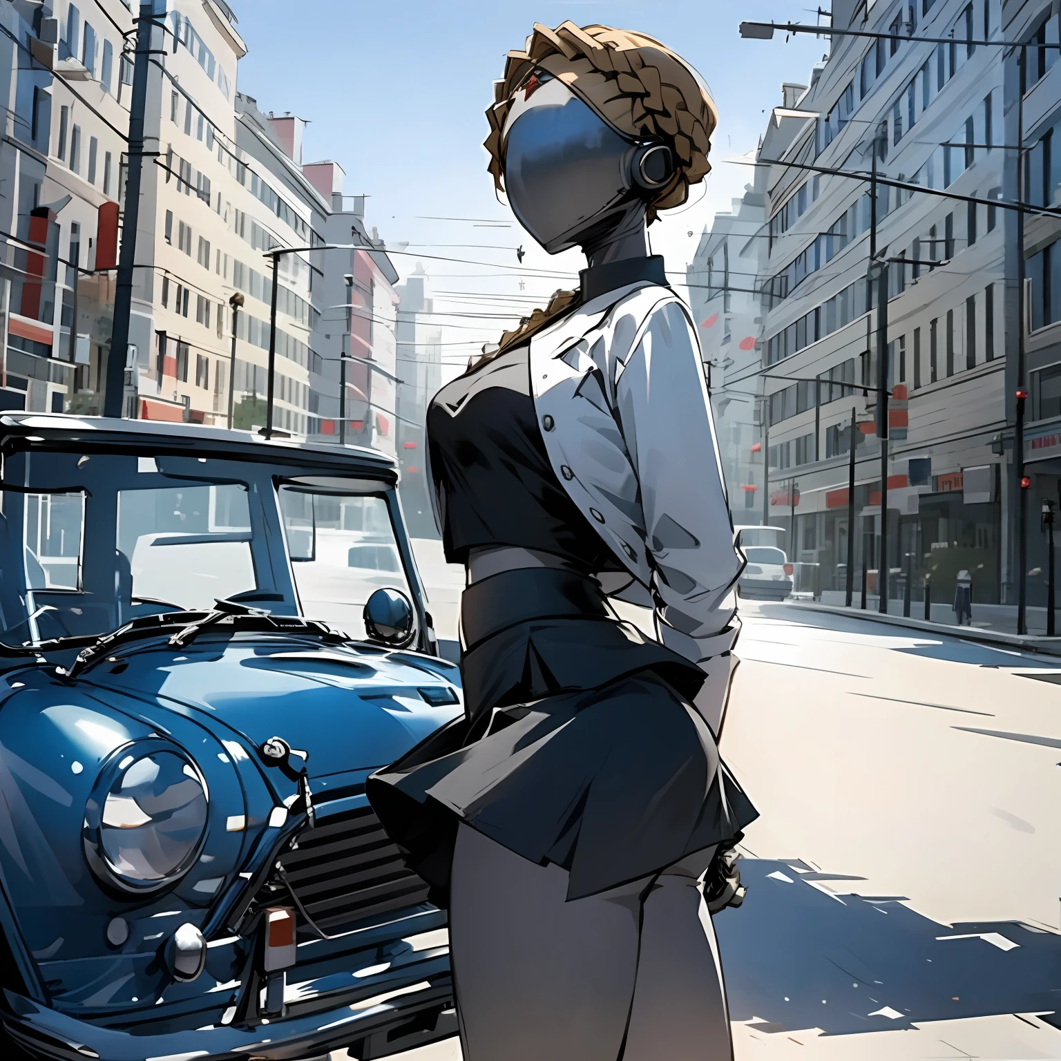 robot, masterpiece, best quality, detailed, 1girl, hair, looking at viewer, (top:1.4), (mini skirt:1.3), city, people, arms behind back, sunny sky, house, street, cafe