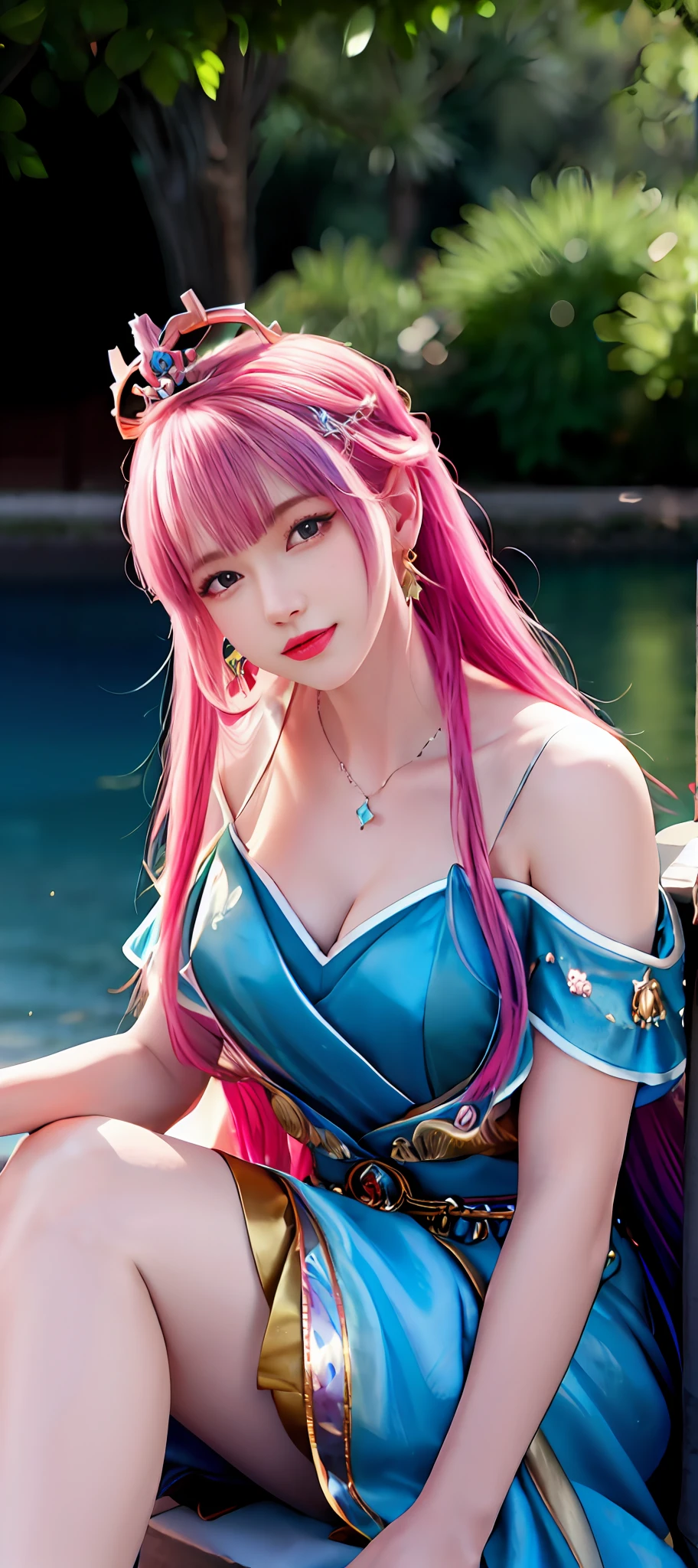 realisticity: 1.2), best quality, masterpiece, highres, super detail, ultra detail, cg, 1girl, queen, weapon, sword, long hair, dress, water, solo, jewelry, yellow dress, wearing a very beautiful dress, wearing a very beautiful crown, earrings, hair ornament, splashing, upper body super realistis, hair bun, blue and pink hair, sitting on a magnificent and beautiful royal throne backgraun super realistis and super detai, ultra detail, lighting,candid, Photograph, high resolution, 8k, 10k, Bokeh,