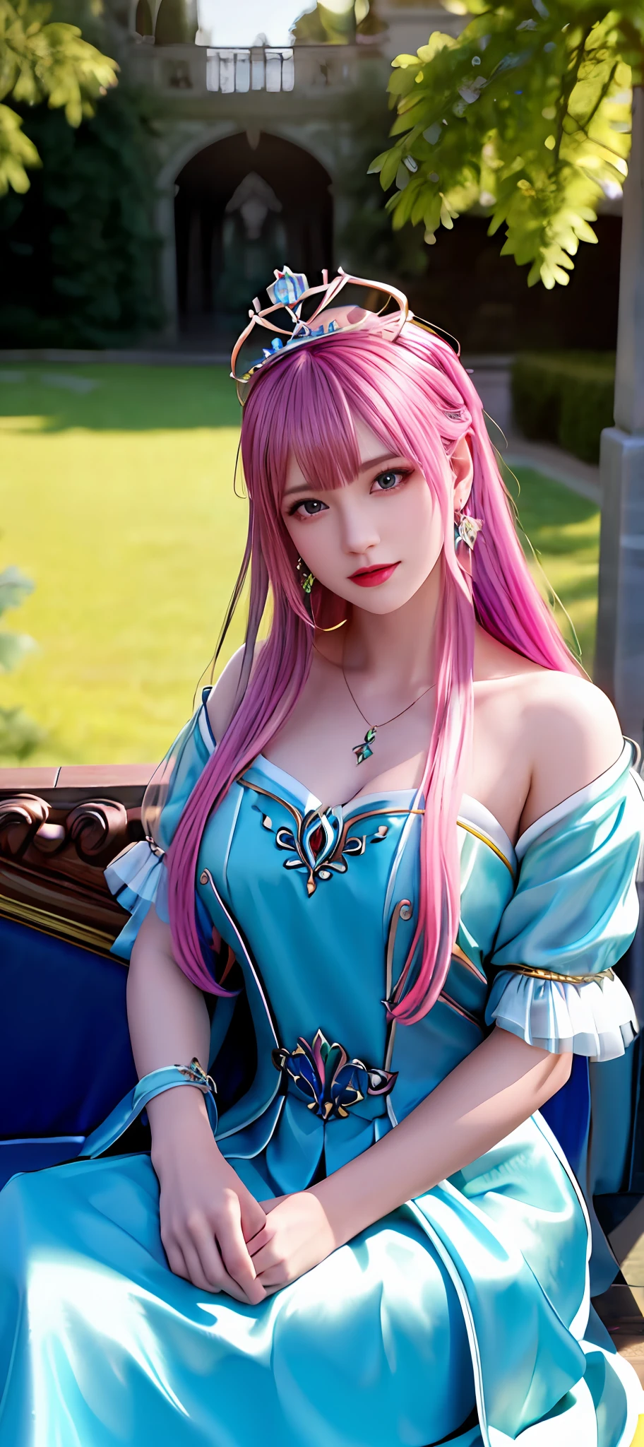 realisticity: 1.2), best quality, masterpiece, highres, super detail, ultra detail, cg, 1girl, queen, weapon, sword, long hair, dress, water, solo, jewelry, yellow dress, wearing a very beautiful dress, wearing a very beautiful crown, earrings, hair ornament, splashing, upper body super realistis, hair bun, blue and pink hair, sitting on a magnificent and beautiful royal throne backgraun super realistis and super detai, ultra detail, lighting,candid, Photograph, high resolution, 8k, 10k, Bokeh,