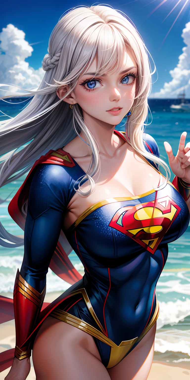 realista，1girl，cabelos brancos，olho roxo，olhos claros brilhantes，，Split lip，raios de sol，o mar，uniforme do superman，Supergirl，suspenso no ar，Seios grandes exagerados，pernas bonitas，salto em altura，with blue sky and white clouds，o mar，Navio de guerra Vista，Leering，sem cueca，revelando seios，Dedos de camelo，The lower part of the body is convex，The face is well lit
