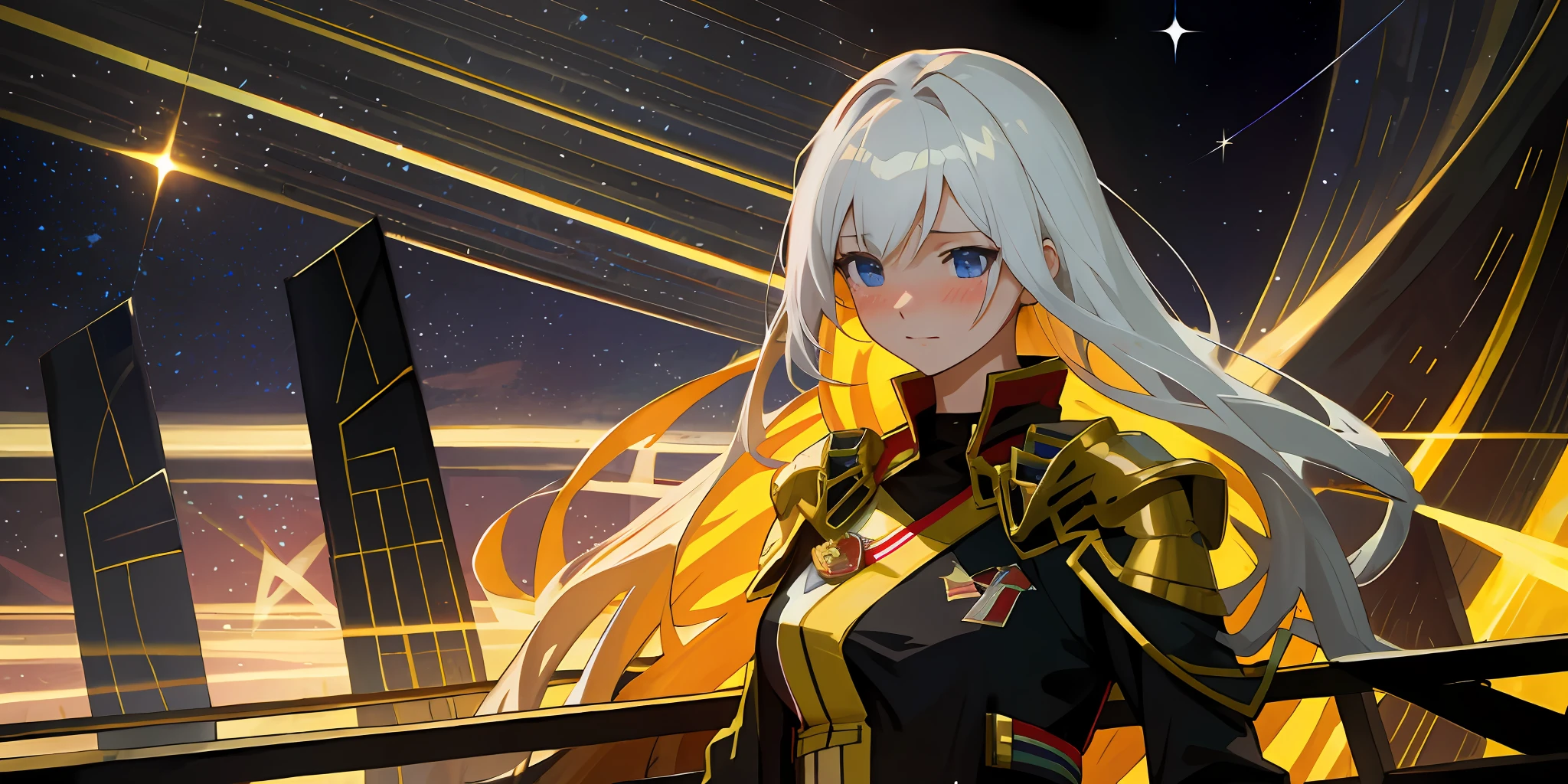 Shy, blushing cautiously,Cute royal sister,petty eyes,Slightly curved transversely,The sides are slightly inclined,Slight close-up of the face, anime woman fullbody art, Wearing Gorgeous Costume, Anime figure; Full-body art,White hair