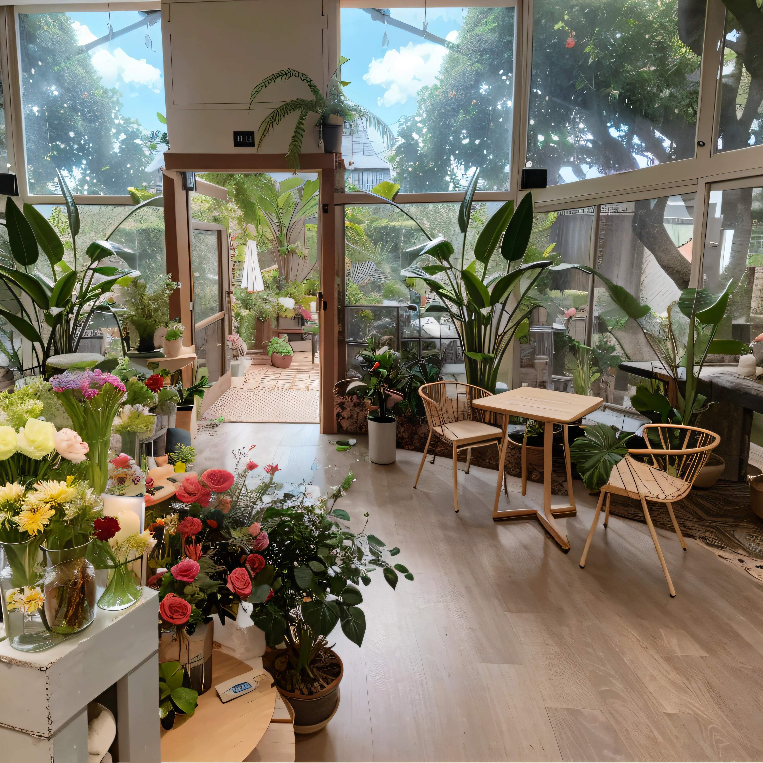 The room had a lot of plants and a table and chairs, interior setting, floral environment, in bloom greenhouse, Terrarium seating area, lush plants and flowers, lush plants and bonsai trees, with backdrop of natural light, with flowers and plants, Peaceful environment, lush surroundings, cozy and peaceful atmosphere, Lots of plants and flowers, indoor, plants and jungle, Dreamy atmosphere,Blue sky