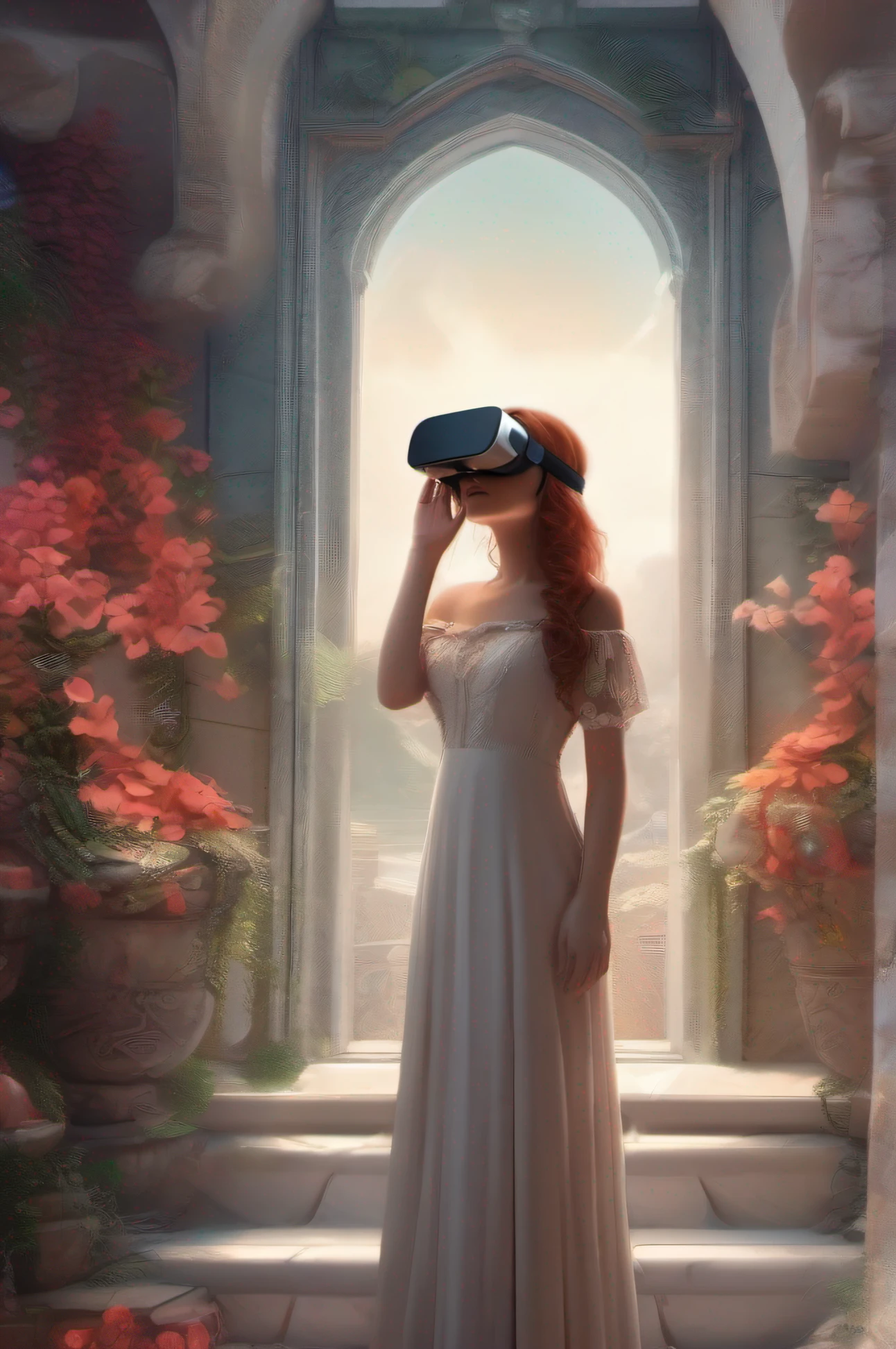 uma linda garota usando um fone de ouvido de realidade virtual enquanto imagens de seus pensamentos circulam ao seu redor