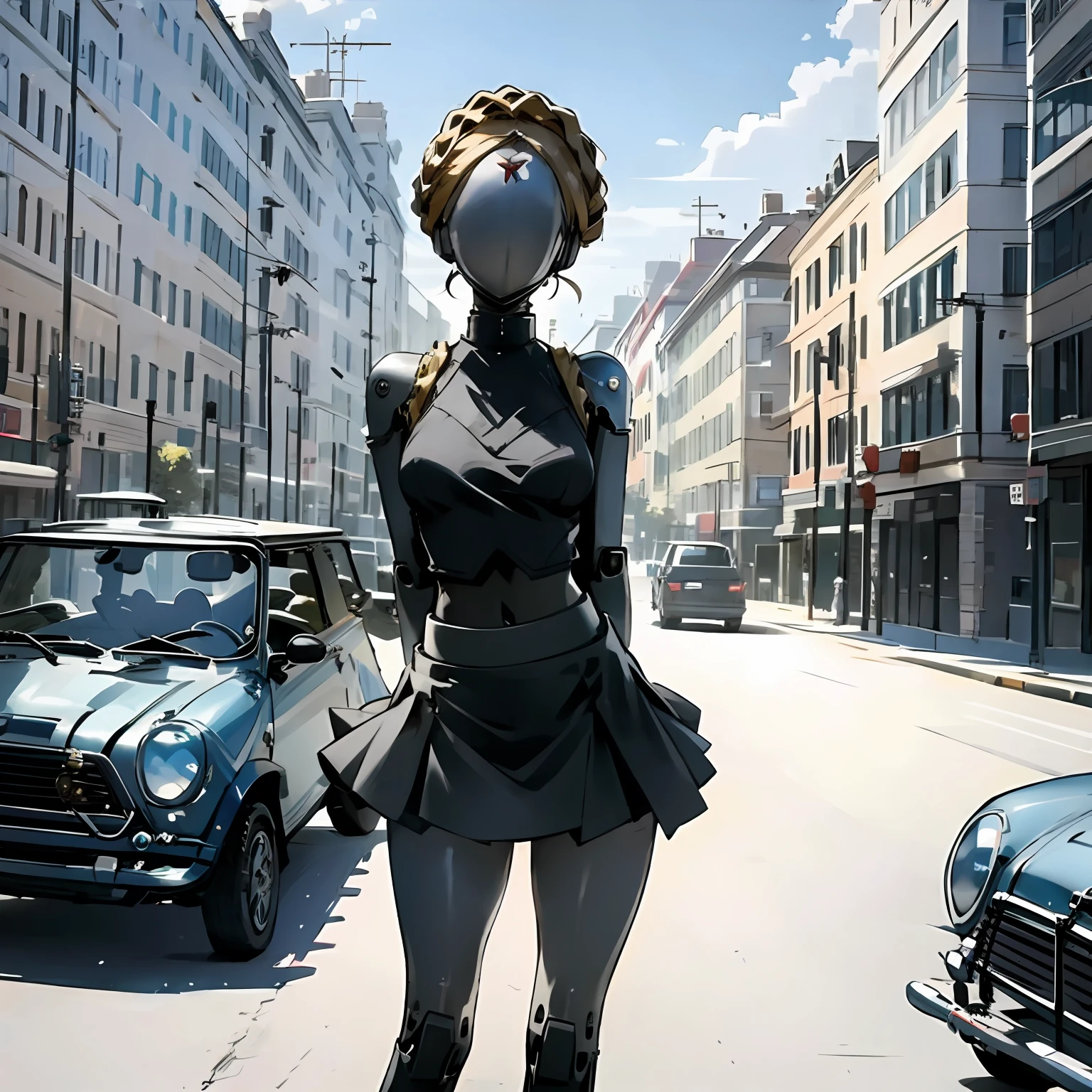 robot, masterpiece, best quality, detailed, 1girl, hair, looking at viewer, (top:1.4), (mini skirt:1.3), city, people, arms behind back, sunny sky, house, street, cafe