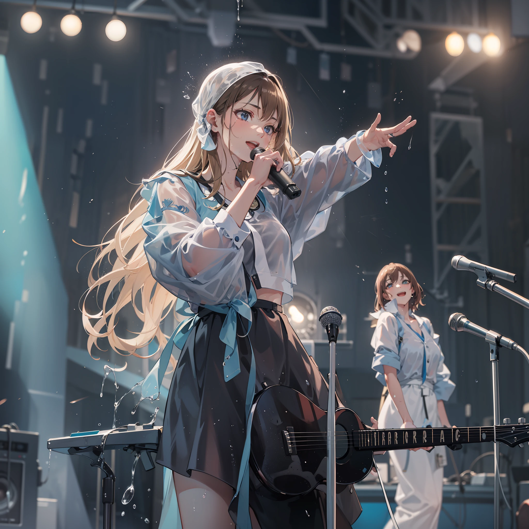 a sense of depth,concert,Water Splash Festival,Wet clothes,Blowing in the wind:1.1,See-through clothes:1.1,wave her hand:1.1,a smile,Idol,Hold the microphone:1.1,Sing a song:1.1,Sweat splashes,swet,4K, (Raw photo: 1.2), (Realism: 1.4), (masutepiece: 1.3), (exquisite detailing: 1.2), Delicate and beautiful details, (Eye Detail), (Facial Detailed), (Highest Quality:1.4),  (very detailed illustration),  Best Quality, Super Resolution,Wide light, natural shadows