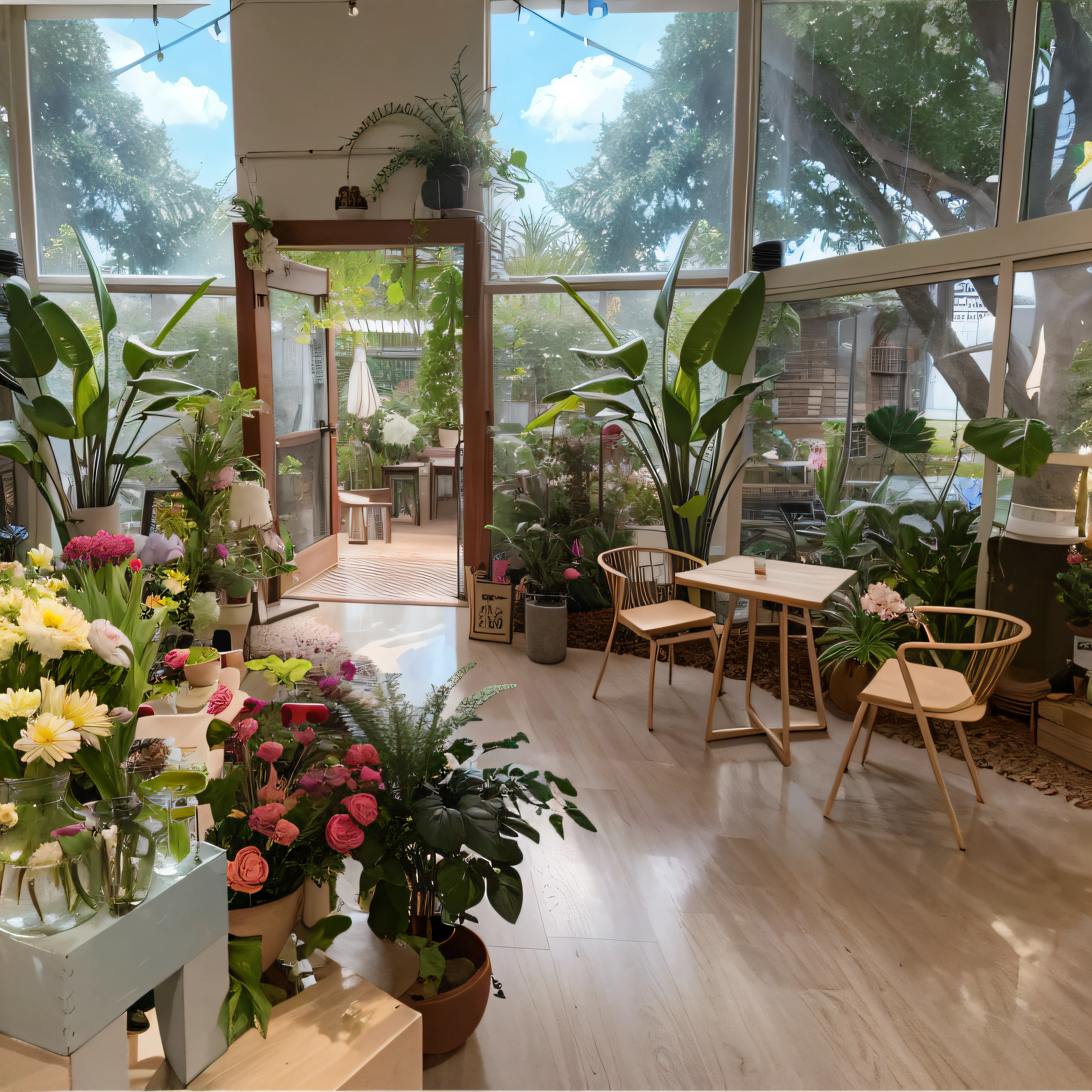 The room had a lot of plants and a table and chairs, interior setting, floral environment, in bloom greenhouse, Terrarium seating area, lush plants and flowers, lush plants and bonsai trees, with backdrop of natural light, with flowers and plants, Peaceful environment, lush surroundings, cozy and peaceful atmosphere, Lots of plants and flowers, indoor, plants and jungle, Dreamy atmosphere，Blue sky