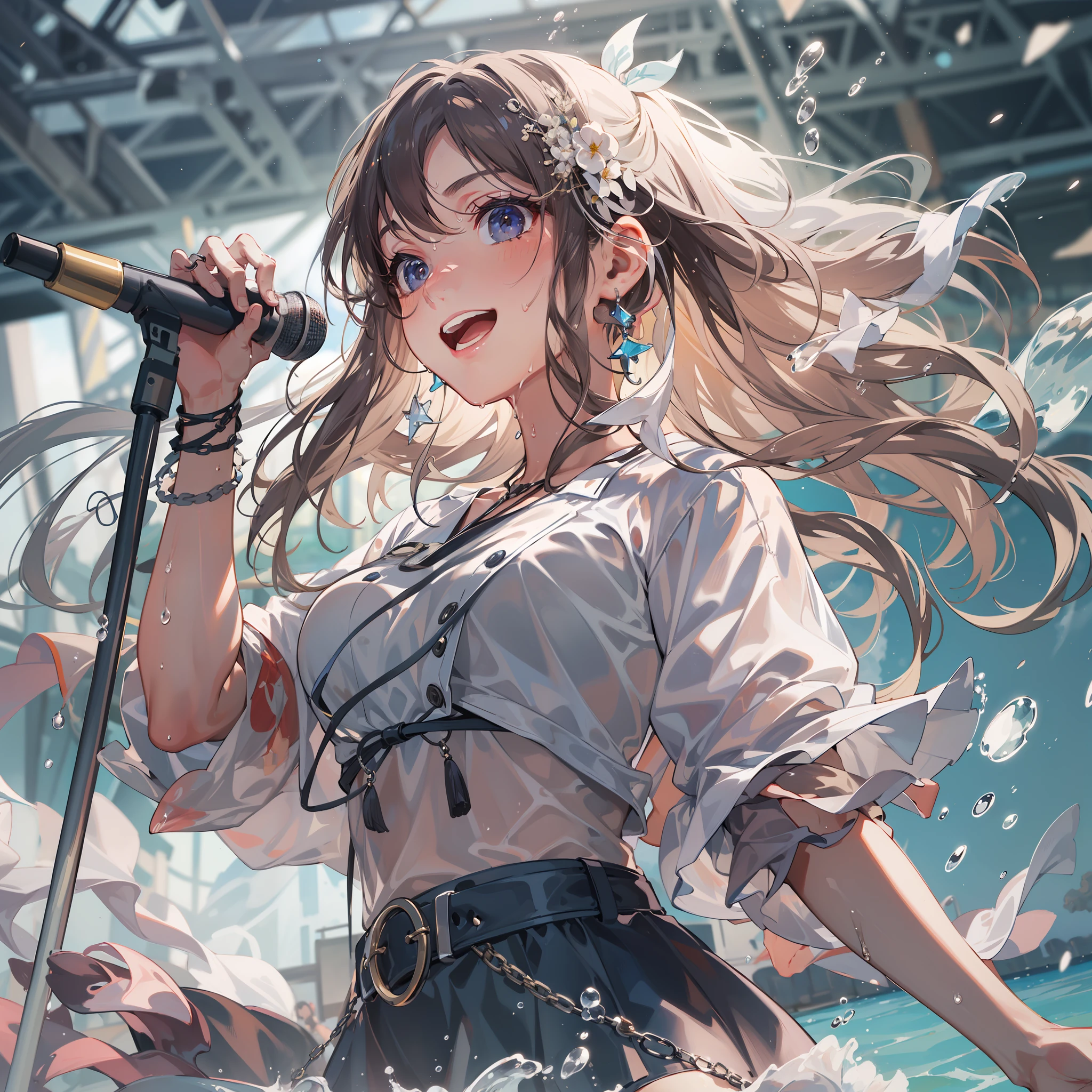 a sense of depth,concert,Water Splash Festival,Wet clothes,Blowing in the wind:1.1,See-through clothes:1.1,wave her hand:1.1,a smile,Idol,Hold the microphone:1.1,Sing a song:1.1,Sweat splashes,swet,4K, (Raw photo: 1.2), (Realism: 1.4), (masutepiece: 1.3), (exquisite detailing: 1.2), Delicate and beautiful details, (Eye Detail), (Facial Detailed), (Highest Quality:1.4),  (very detailed illustration),  Best Quality, Super Resolution,Wide light, natural shadows