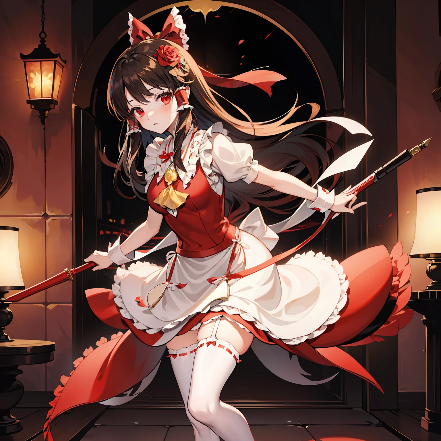 Illustration of Reimu Shiramine wearing a maid costume, masutepiece, Fine details, 4K, 8K, 12K, Solo, One Person, Beautiful Girl, caucasian female, M-shaped legs、maid clothes、lots of ruffles、Rose flower、inside the house