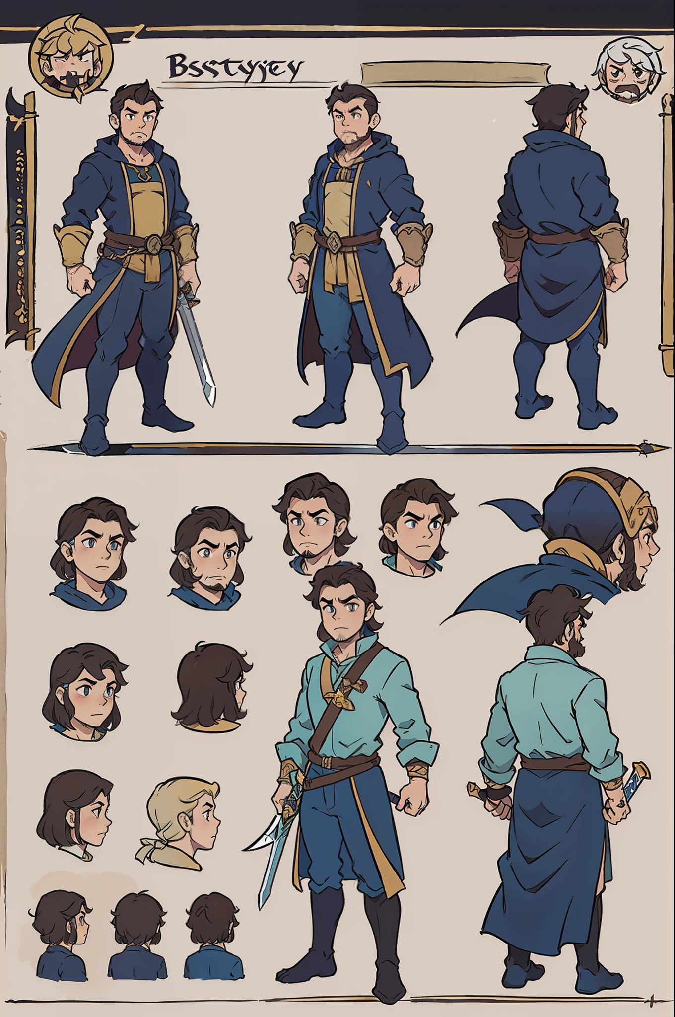 fantasy monster, by bestiary_style, masterpiece, best quality, minimalist, turnaround sheet, character chart, reference sheet, multiple poses, character turnaround sheet, strong guy, sword