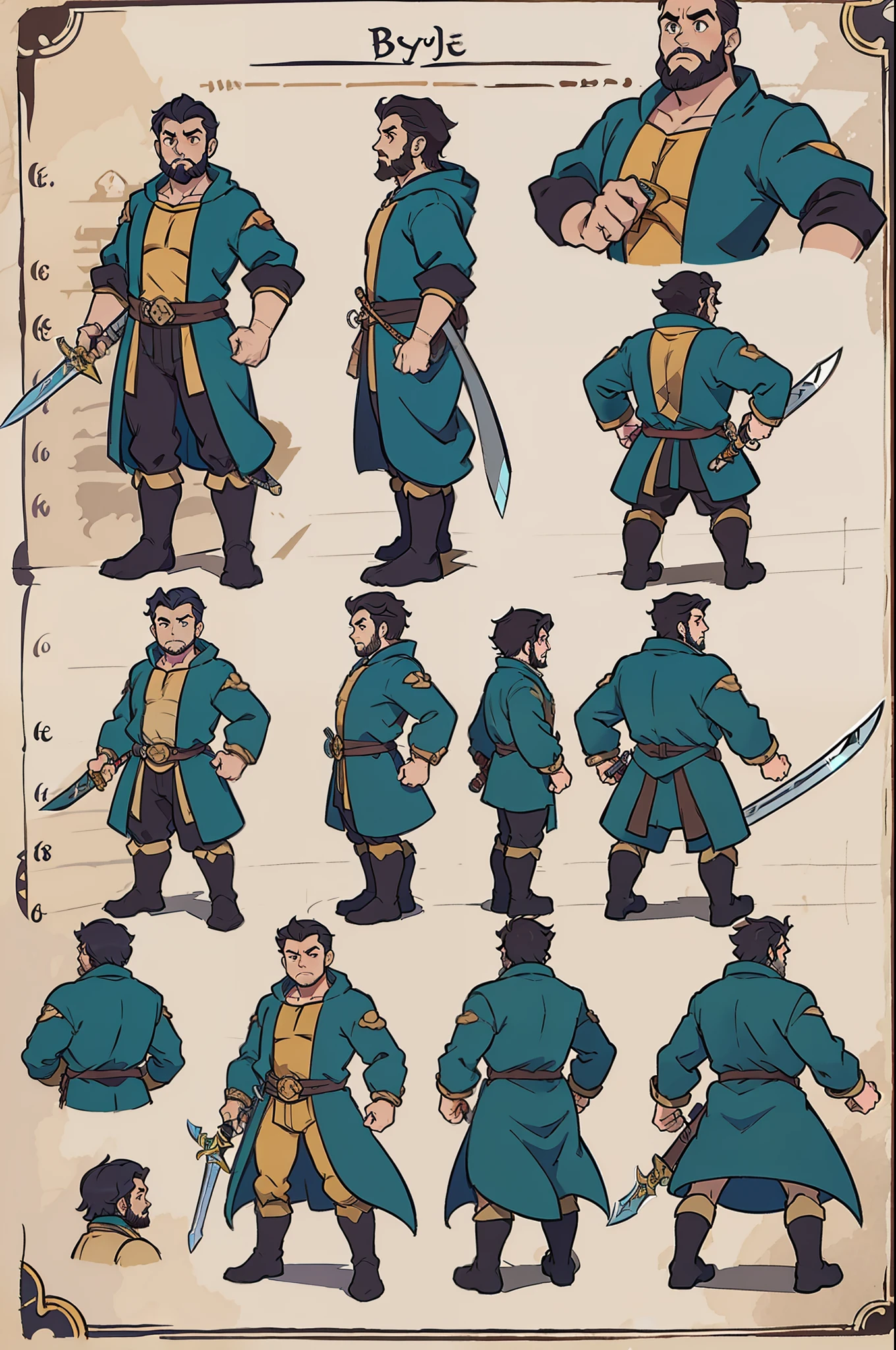 fantasy monster, by bestiary_style, masterpiece, best quality, minimalist, turnaround sheet, character chart, reference sheet, multiple poses, character turnaround sheet, strong guy, sword