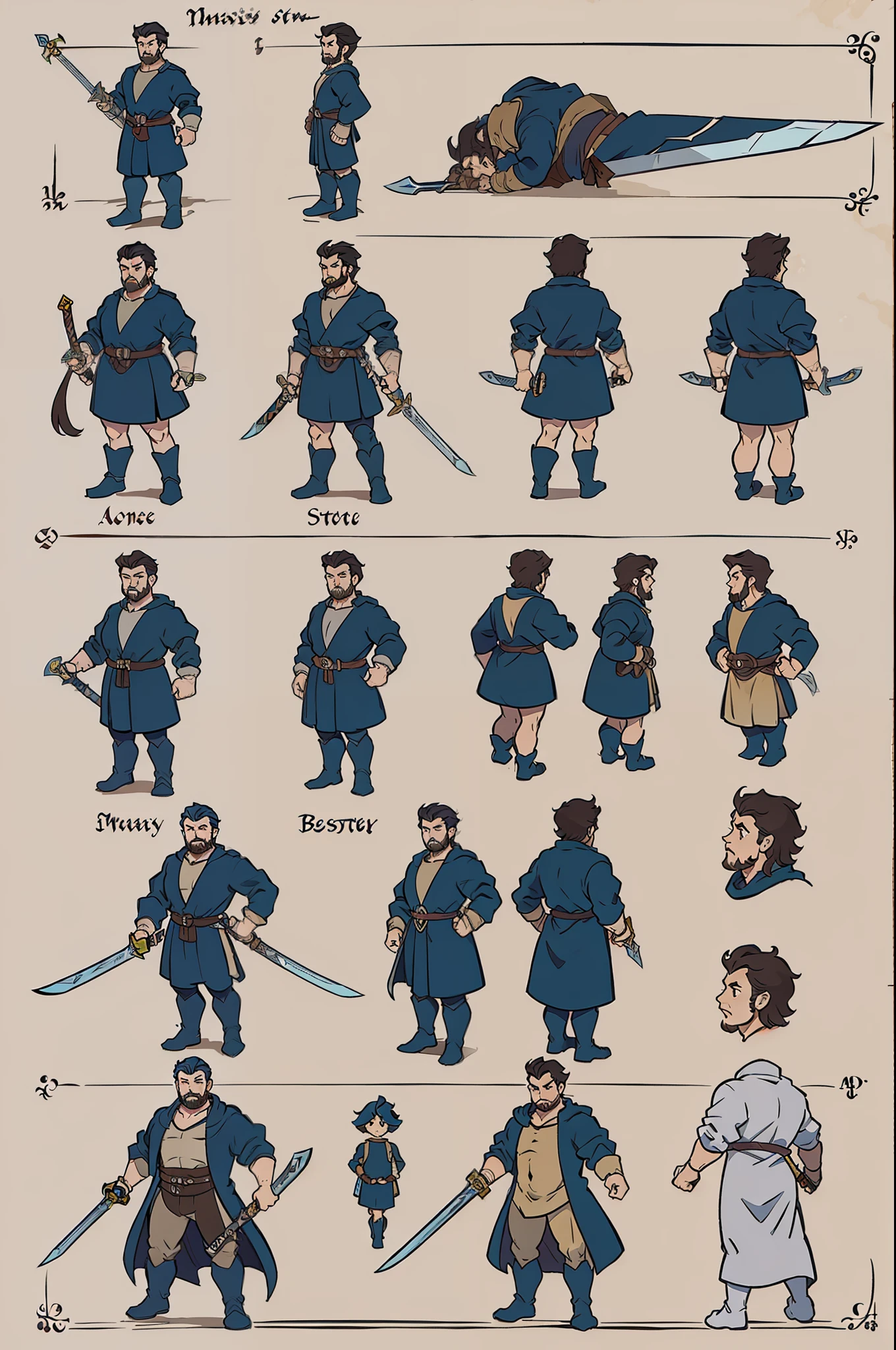 fantasy monster, by bestiary_style, masterpiece, best quality, minimalist, turnaround sheet, character chart, reference sheet, multiple poses, character turnaround sheet, strong guy, sword