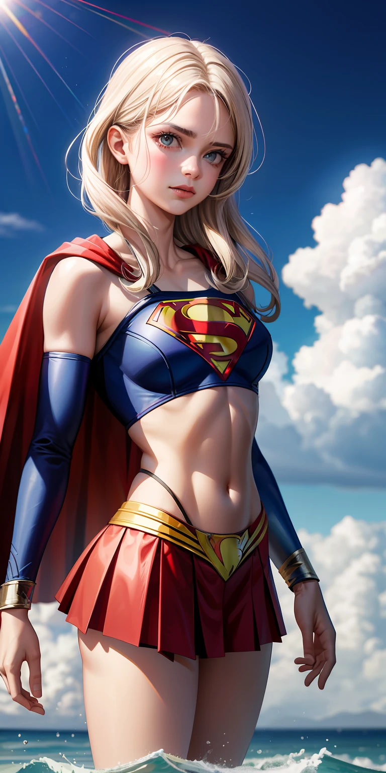 realista,1girl,cabelos brancos,olho roxo,olhos claros brilhantes,,Split lip,raios de sol,o mar,uniforme do superman,Supergirl,suspenso no ar,Seios grandes exagerados,pernas bonitas,salto em altura,with blue sky and white clouds,o mar,Navio de guerra Vista,Leering,sem cueca,revelando seios,Dedos de camelo,The lower part of the body is convex,The face is well lit