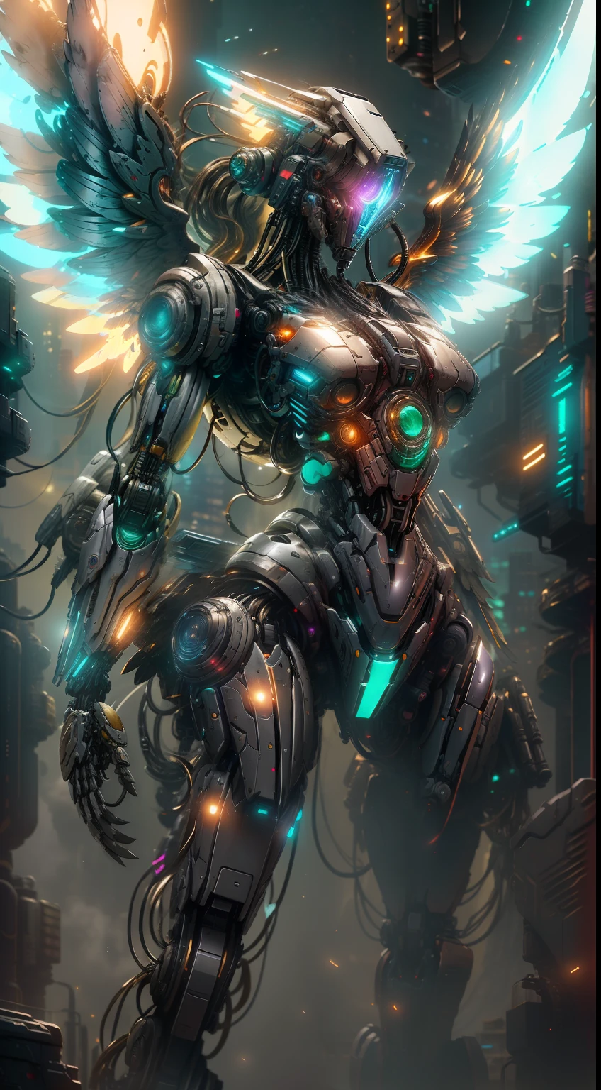 Angel from Digimon photography, biomechanics, complex robot, four golden wings, full growth, hyper-realistic, crazy little details, very clean lines, cyberpunk aesthetic, masterpiece featured on Zbrush Central, cyberpunk city background