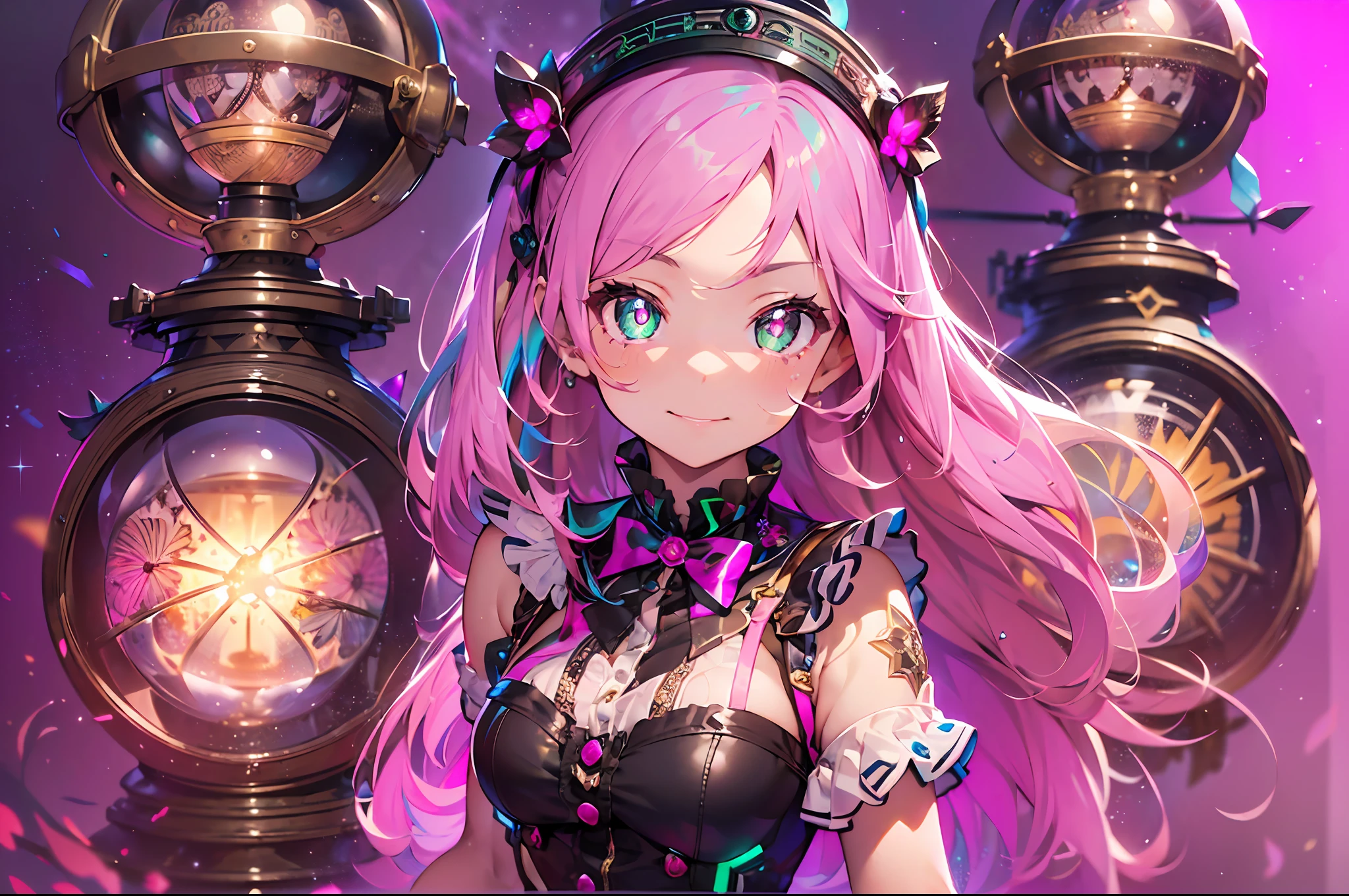gear:2.Steam engines:2.fullbody:2.Steampunk style:2.hour glass、gear:2、((masutepiece))),((ultra-detailliert,Best Quality, hight resolution)), (1 girl)((Pink hair, Long hair,Straight hair,two side up)) (Green eyes),eyeshadows, eye line,gloweyes, ultradetailed eyes, intricate eyes, Beautiful eyes, ((Glowing pink pupils))18-year-old girl、frilld.Smile .Hourglass background、Big hourglass.((High contrast RGB effect, LED effect, Kaleidoscope effect, Shining Effect, Ripple Effect, Glitter RGB effect)) A smile