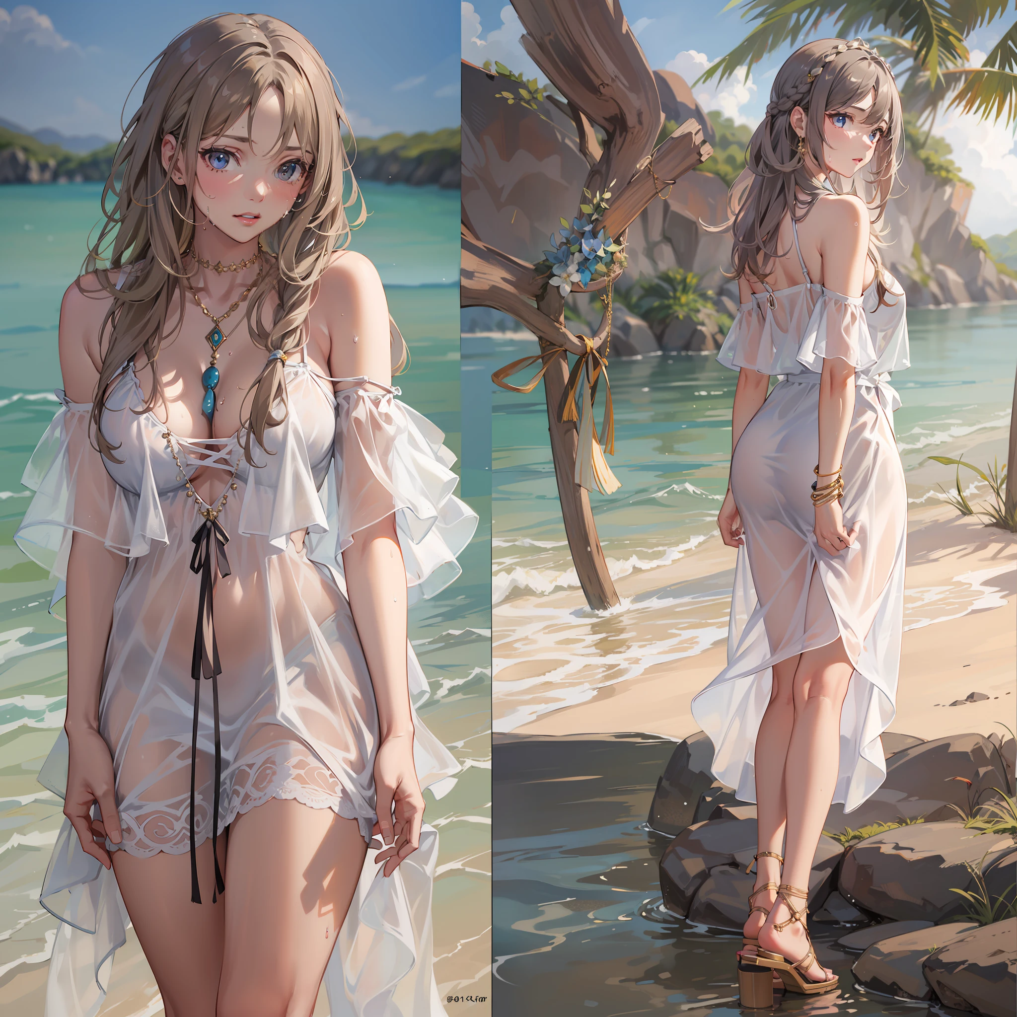 garments:Soaking wet translucent dress:1.1,and strappy sandals、 accessory:shell necklace、 The hair:Soaking wet hair:1.1、 make - up:natural, Glowing skin、Wearing sweat, BEReaction:relax、Free-spirited、 The location:the beach、Resort、outdoor festival、big breaks,4K, (Raw photo: 1.2), (Realism: 1.4), (masutepiece: 1.3), (exquisite detailing: 1.2), Delicate and beautiful details, (Eye Detail), (Facial Detailed), (Highest Quality) :1.4), (Hyper-Resolution: 1.2), cinematric light, (very detailed illustration), (Best Quality, Super Resolution, depth of fields, Wide light, natural shadows