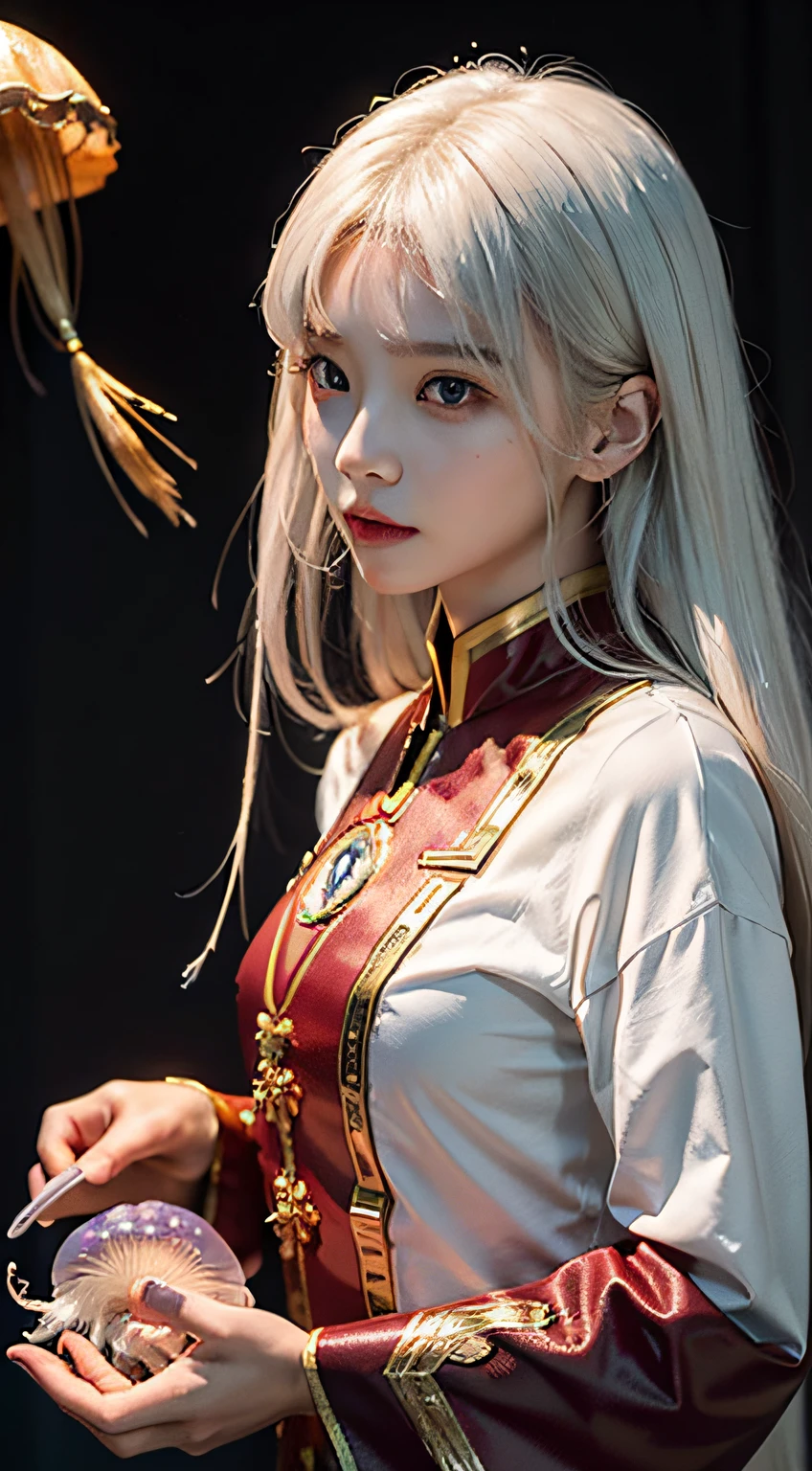 Best picture quality， tmasterpiece， 超高分辨率， （Fidelity：1.4）， photore，Kizi，Iron Man，White color hair，Golden eyes，Jellyfish head，flight