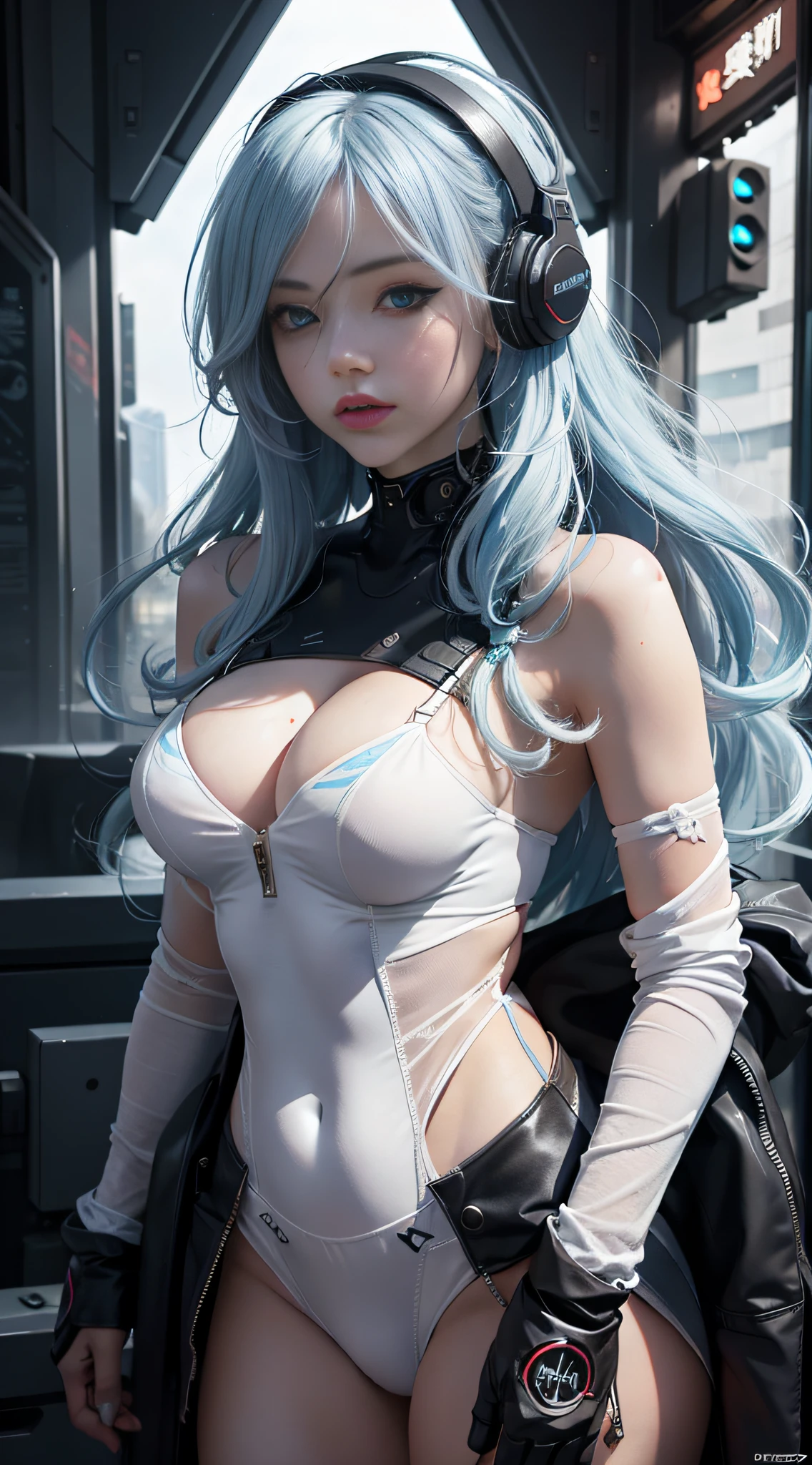 one-girl，Long light blue hair slightly curly，lewd poses，High temperament and coldness，Messy long hair，blue color eyes，Long white eyelashes，Bring headphones，The mouth is closed，No teeth exposed，Rainbow，cyber punk perssonage，The environment is simple，Meticulous facial features，8K，hyper HD，the detail（1：2），cinematric light，warm lights，looking at viewert，鎖骨，Shoulders exposed，Blackn clothes，复杂，Rich in graphics，cruel，真实感