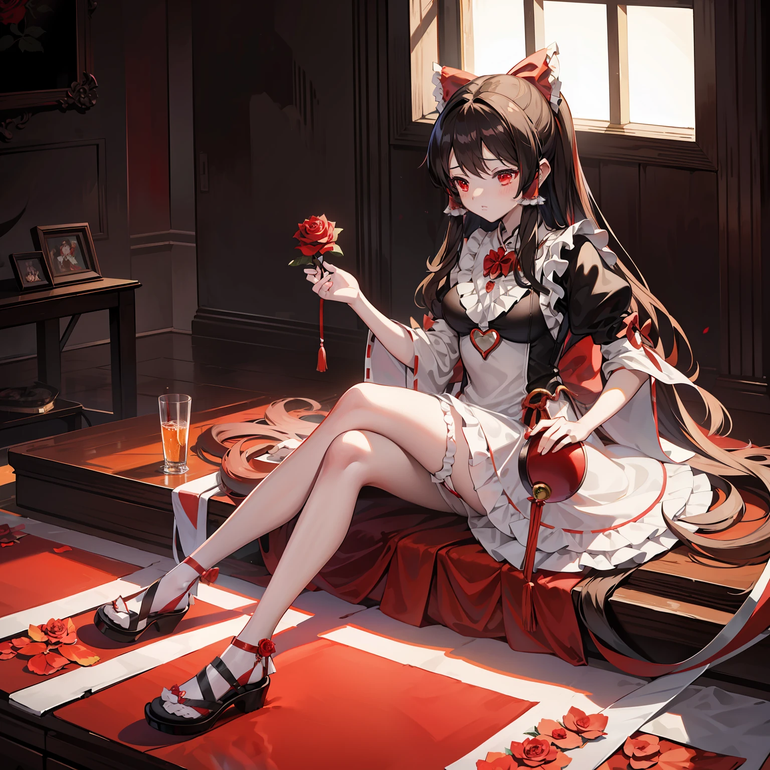 Illustration of Reimu Shiramine wearing a maid costume, masutepiece, Fine details, 4K, 8K, 12K, Solo, One Person, Beautiful Girl, caucasian female, M-shaped legs、black maid outfit、lots of ruffles、Rose flower、in a house