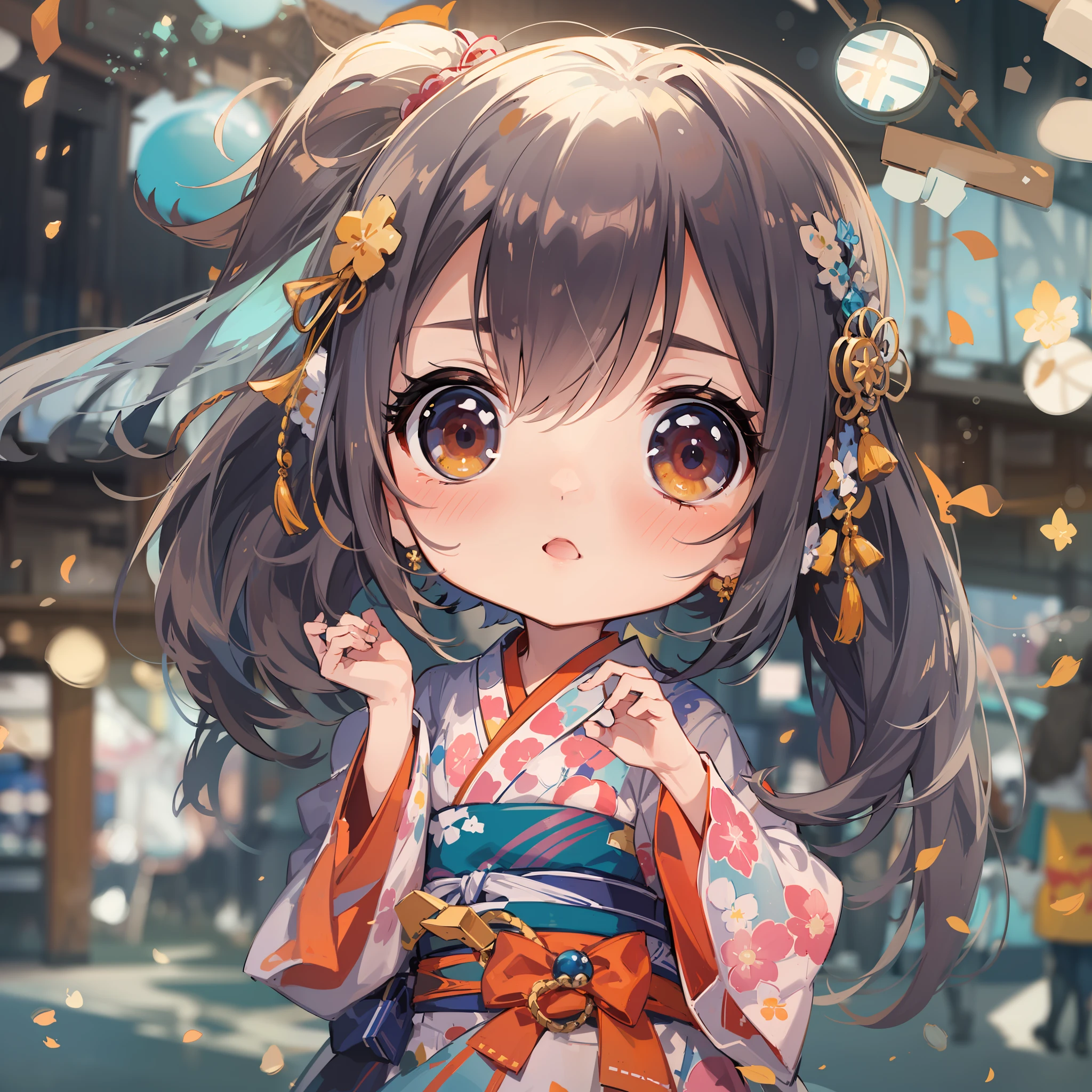 Chibi:1.5,Komono,Girl in Yukata,Blowing in the wind,Summer Festivals,natta,food stand,Spirit Stream,Big  Fireworks,poneyTail,(masutepiece: 1.3), (exquisite detailing: 1.2), Delicate and beautiful details, (Eye Detail), (Facial Detailed), (Highest Quality) :1.4), (Hyper-Resolution: 1.2), (very detailed illustration),Best Quality,depth of fields, Wide light, natural shadows
