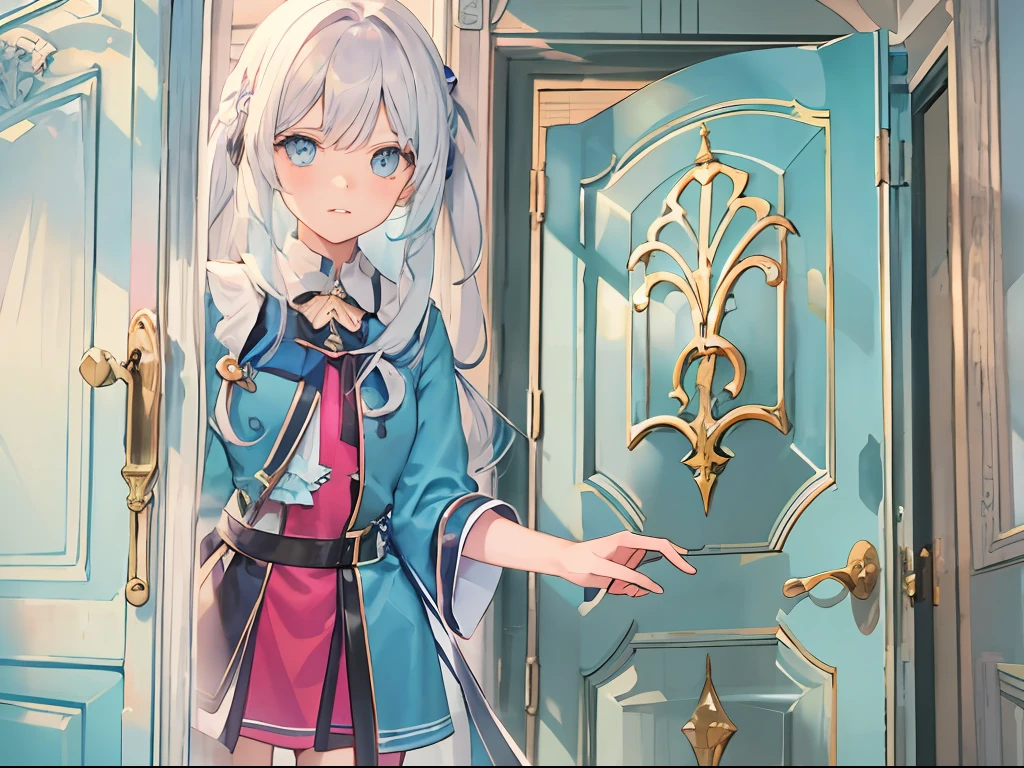 Best quality, tmasterpiece, A 12-year-old girl,Long light blue hair and blue eyes,The girl stood against the wall outside the door,The door opens 20%,There are lights inside the door,The light outside the door is dim