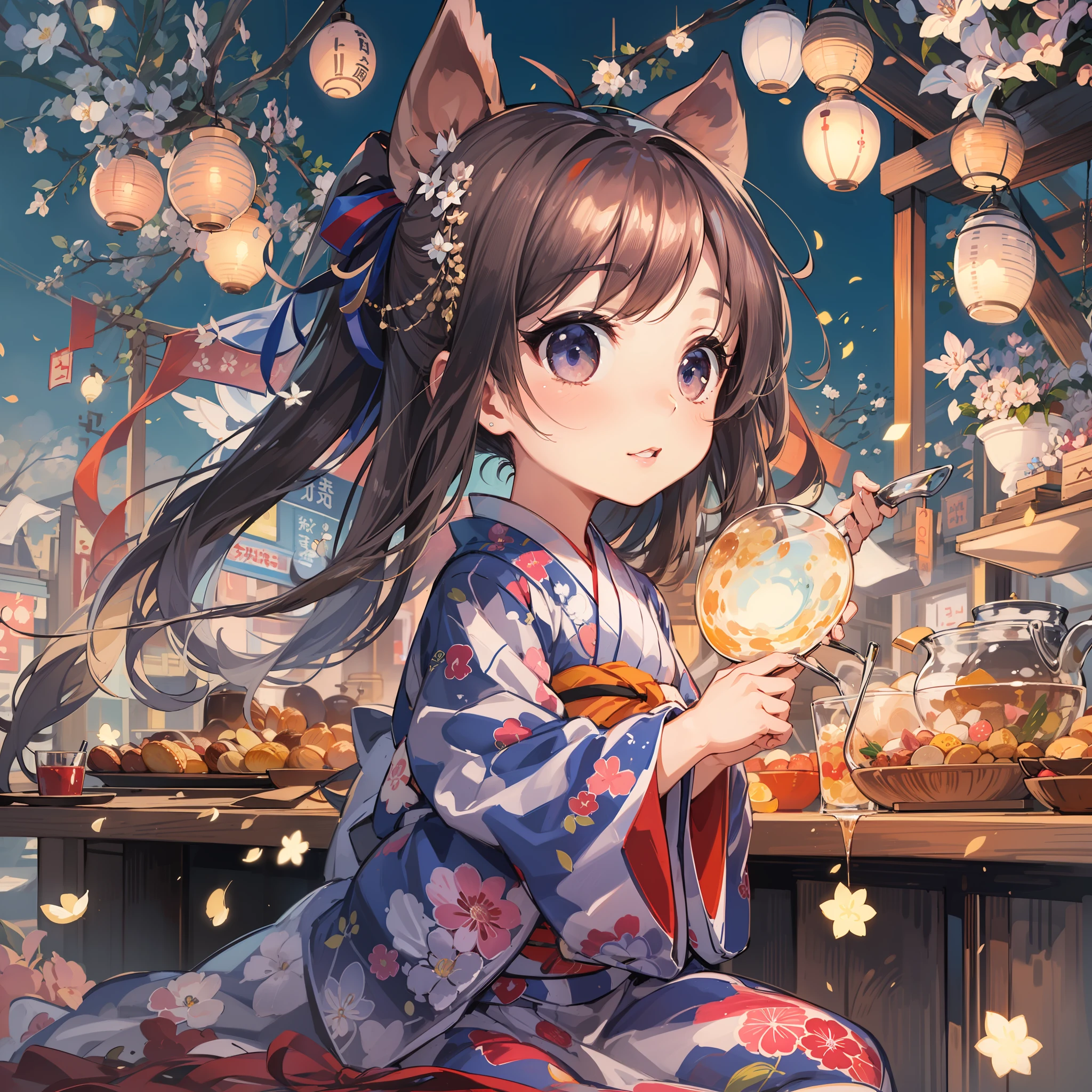 Chibi:1.5,Komono,Girl in Yukata,Blowing in the wind,Summer Festivals,natta,food stand,Spirit Stream,Big  Fireworks,poneyTail,(masutepiece: 1.3), (exquisite detailing: 1.2), Delicate and beautiful details, (Eye Detail), (Facial Detailed), (Highest Quality) :1.4), (Hyper-Resolution: 1.2), (very detailed illustration),Best Quality,depth of fields, Wide light, natural shadows
