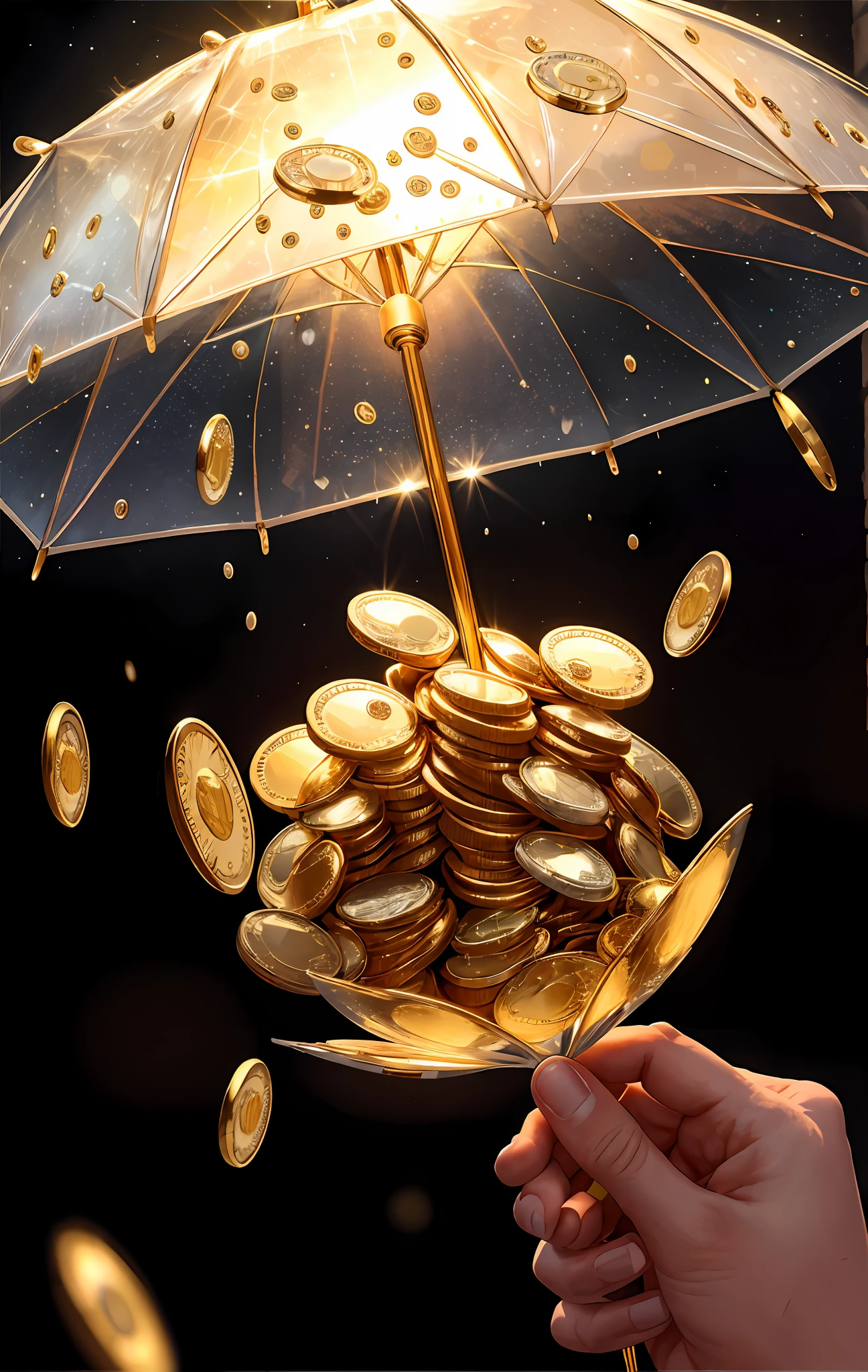 "Create a realistic picture，Money rained down，Diamonds and coins rained down like raindrops，Rich in gold and sparkling diamonds。The background lighting is wide and bright。"