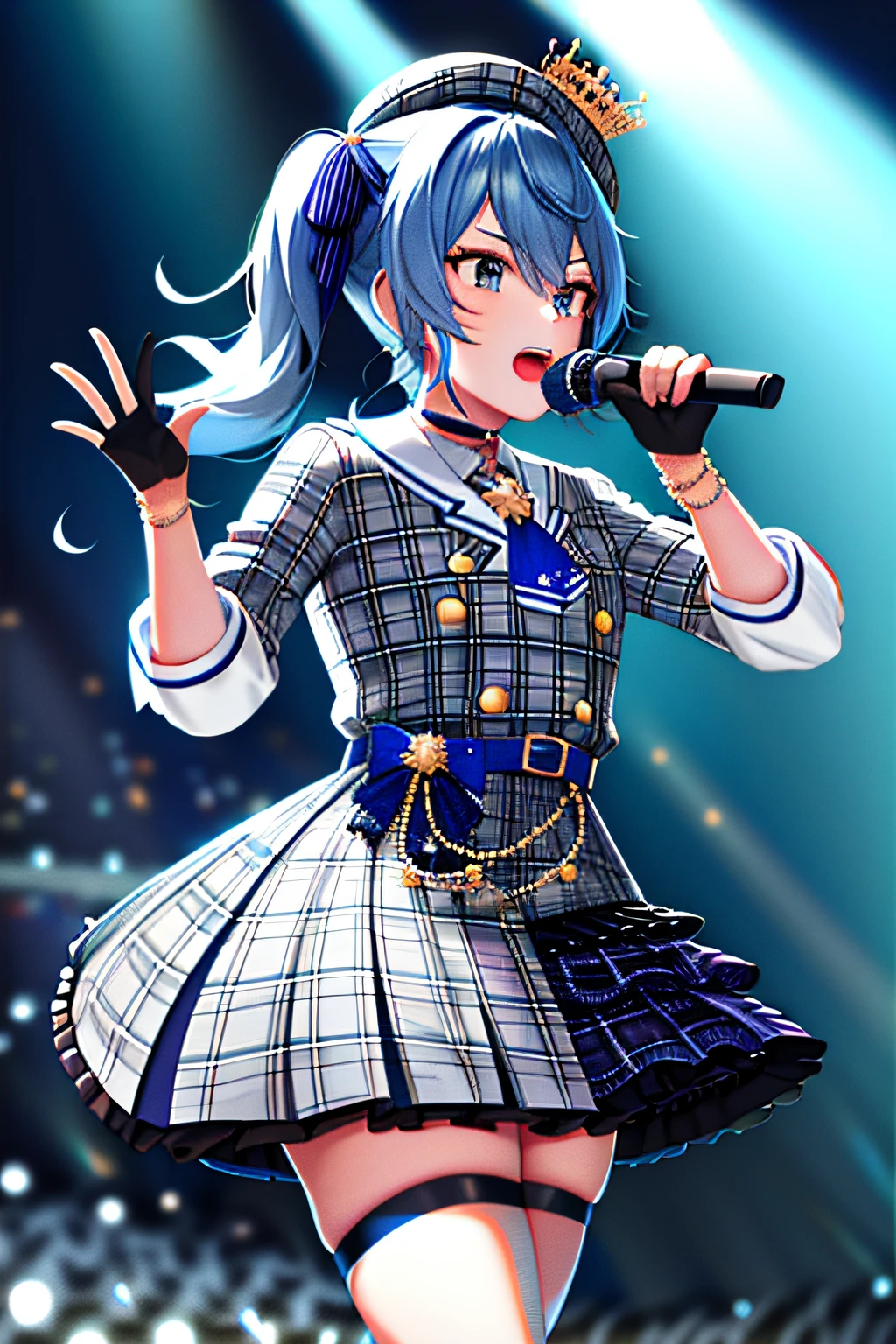 tmasterpiece， Best quality at best， high light， sui1， 1girl， 独奏， side ponytails， Hososhima-cho Mizunari， Fingerless gloves， Single thigh height， jewely， Single socks， thigh band， bangle， Blue socks， button， One knee high， Plaid dress， blue choker， blue sash， plaid skirts， Mini crown， Gray skirt， blue ascot， longer sleeves， Plaid jacket， cowboy lens，exhilarated，singing，sing，Stage background，Neon stage