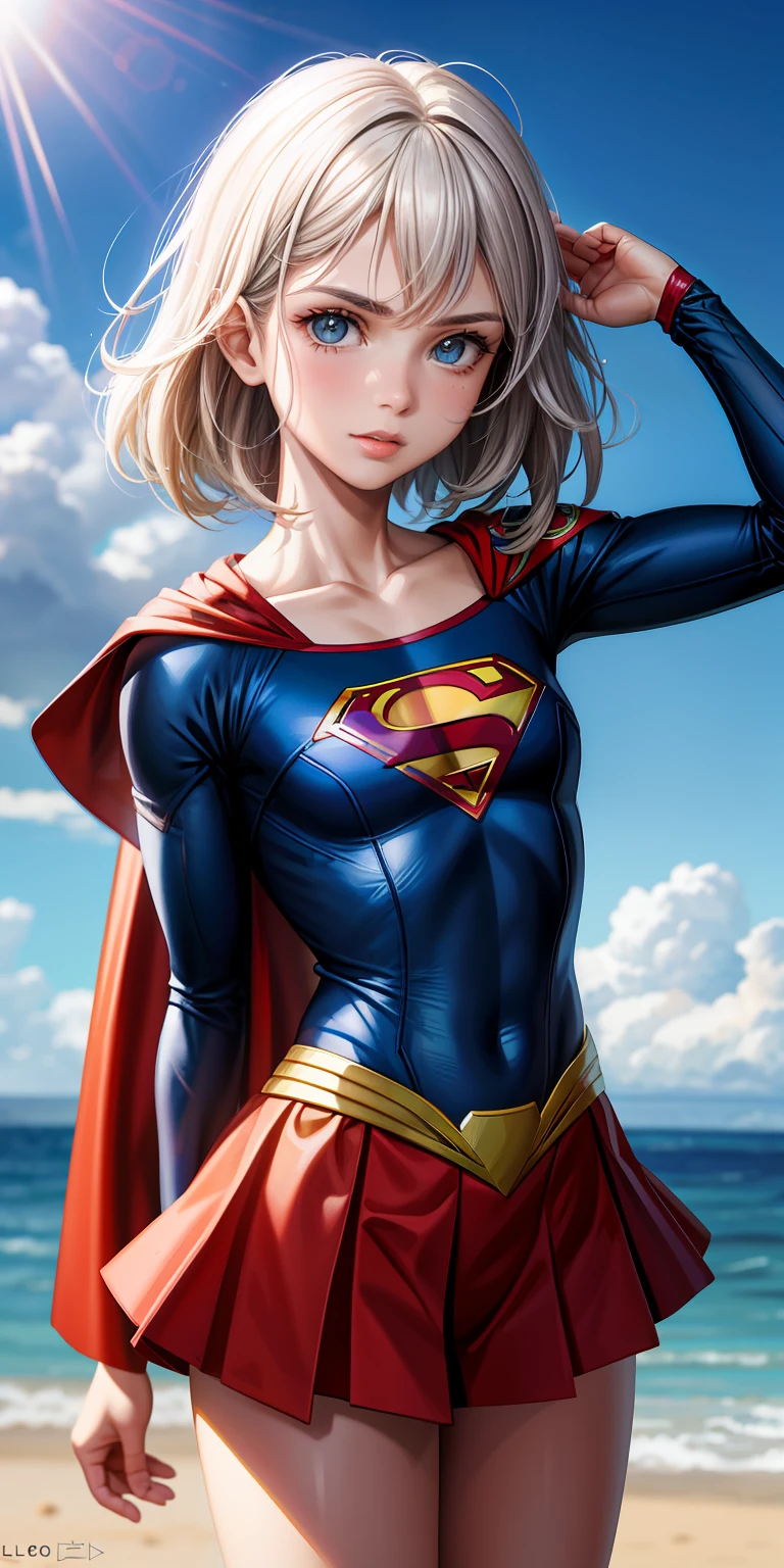 realista，1girl，cabelos brancos，olho roxo，olhos claros brilhantes，，Split lip，raios de sol，o mar，uniforme do superman，Supergirl，suspenso no ar，Seios grandes exagerados，pernas bonitas，salto em altura，with blue sky and white clouds，o mar，Navio de guerra Vista，Leering，sem cueca，revelando seios，Dedos de camelo，The lower part of the body is convex，The face is well lit