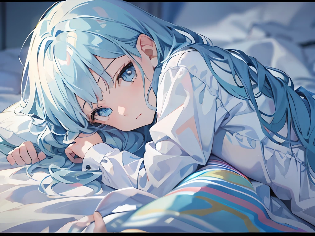 Best quality, tmasterpiece, A -yeld giLong light blue hair and blue eyes,Expression of concern,Lying on the bed covered with a quilt