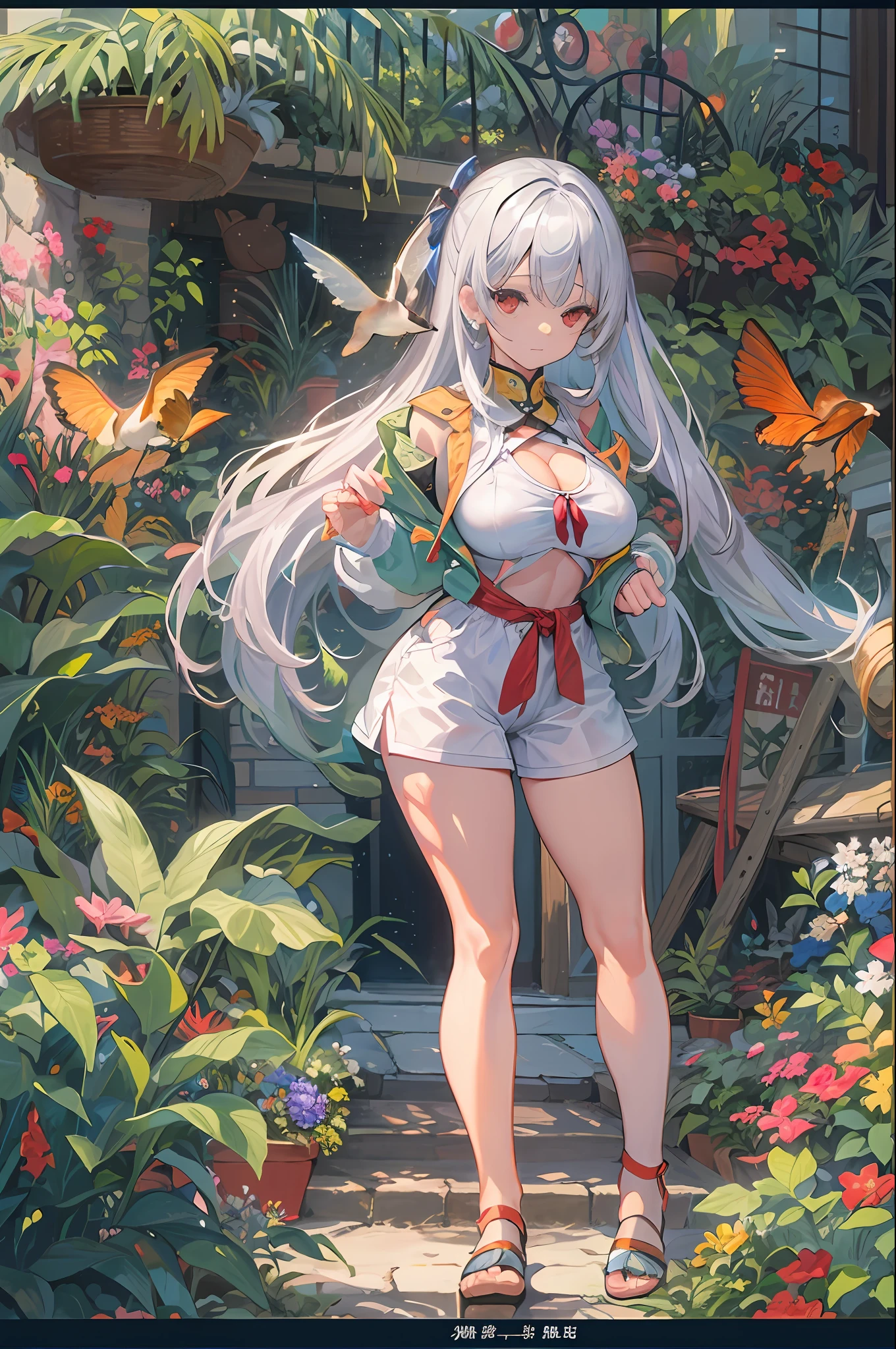 masterpiece, top-quality, high_resolution, fine detailed, highly detailed and beautiful, distinct_image, 1 rapariga, 独奏, frombelow, silber hair, red eyes,, (huge-breasted), (tits out), outside of house, a plant, botanical garden, Dolphin Shorts, Arms behind