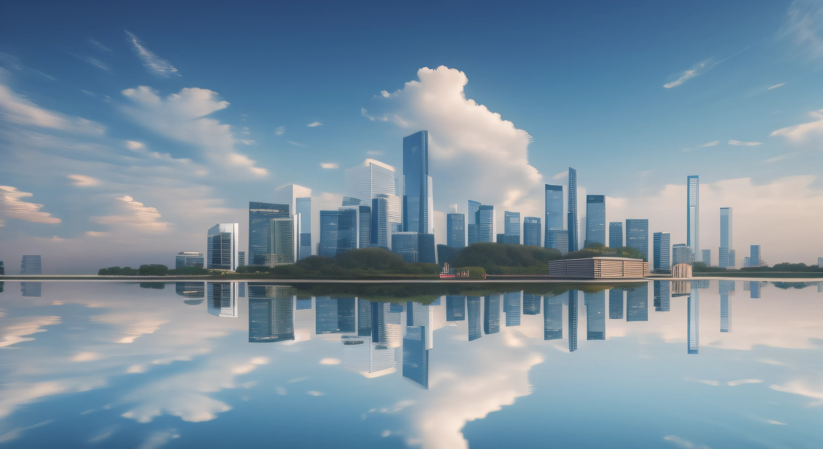 There is a large body of water，The background is a city, city reflection, Beautiful cityscape, beautiful cityscape background, beijing, city reflection, with tall glass skyscrapers, super wide view of a cityscape, Photos of the cityscape, city in backround, Vistas of the city, Beautiful city, urban in the background, Surreal cityscape background