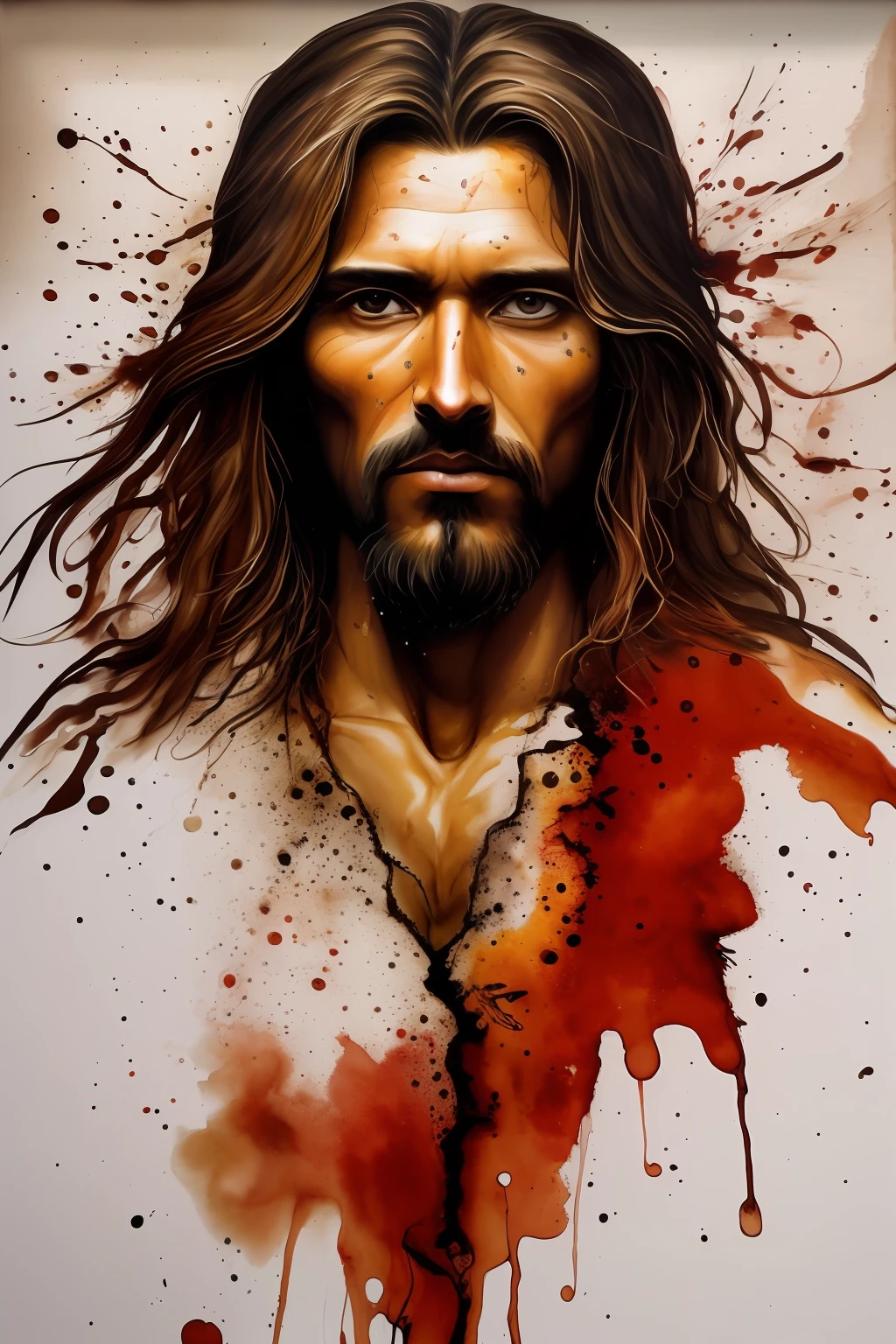 (respingo de tinta, pingos de tinta, splatter de tinta), tinta marrom, monocromatic, shades of brown and red, Aquarela, pinceladas largas, faca de paleta, non-portrait painting of Jesus Christ, Olhos detalhados, ((olhos pretos)), cabelos escuros, hands hidden, fundo preto, tela preta, criativo, arte da camiseta, arte vetorial.