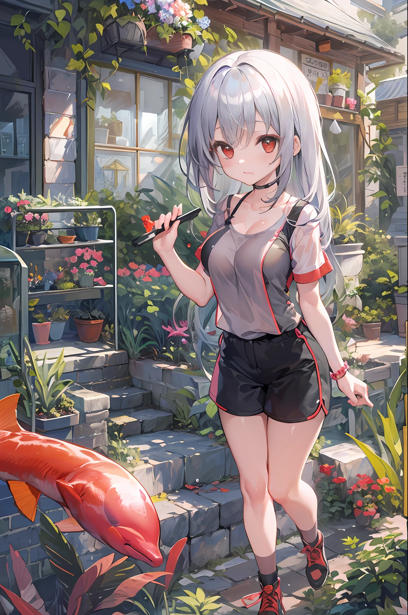 masterpiece, top-quality, high_resolution, fine detailed, highly detailed and beautiful, distinct_image, 1 rapariga, 独奏, frombelow, silber hair, red eyes,, (huge-breasted), (tits out), outside of house, a plant, botanical garden, Dolphin Shorts, Arms behind