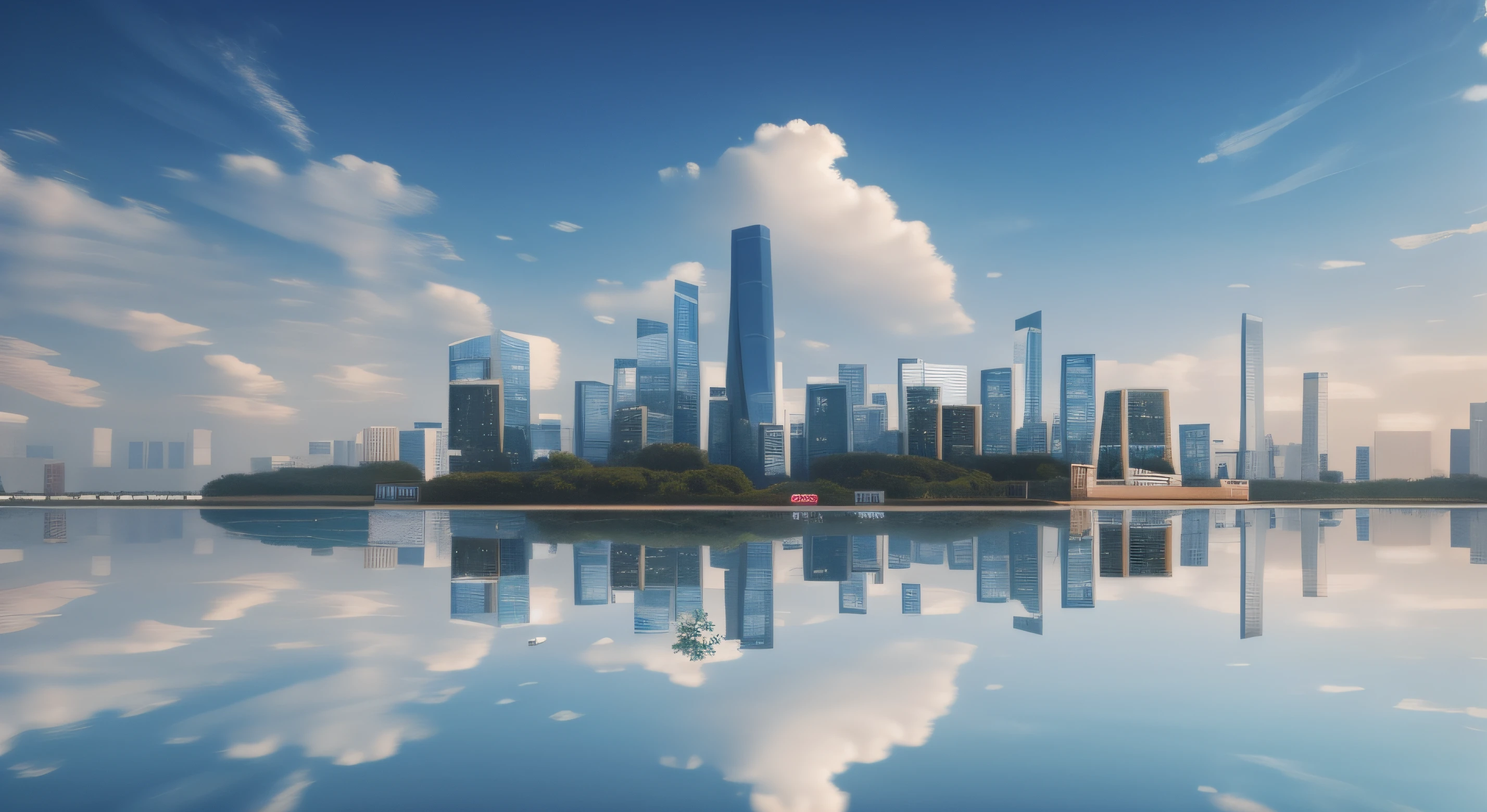 There is a large body of water，The background is a city, city reflection, Beautiful cityscape, beautiful cityscape background, beijing, city reflection, with tall glass skyscrapers, super wide view of a cityscape, Photos of the cityscape, city in backround, Vistas of the city, Beautiful city, urban in the background, Surreal cityscape background