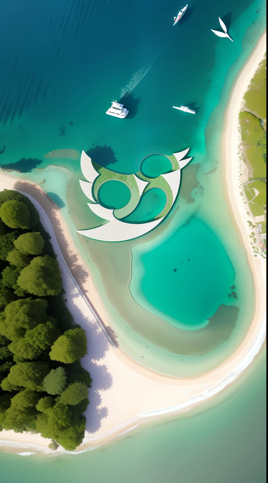 Bird's eyes view, An island surrounded by the sea, The island is in the shape of a bird, The island is covered with greenery, The island has white sandy beaches , There is a ship in the sea, There are seagulls, drone photography, ariel view, tropical island, aerial shot, very close to real nature