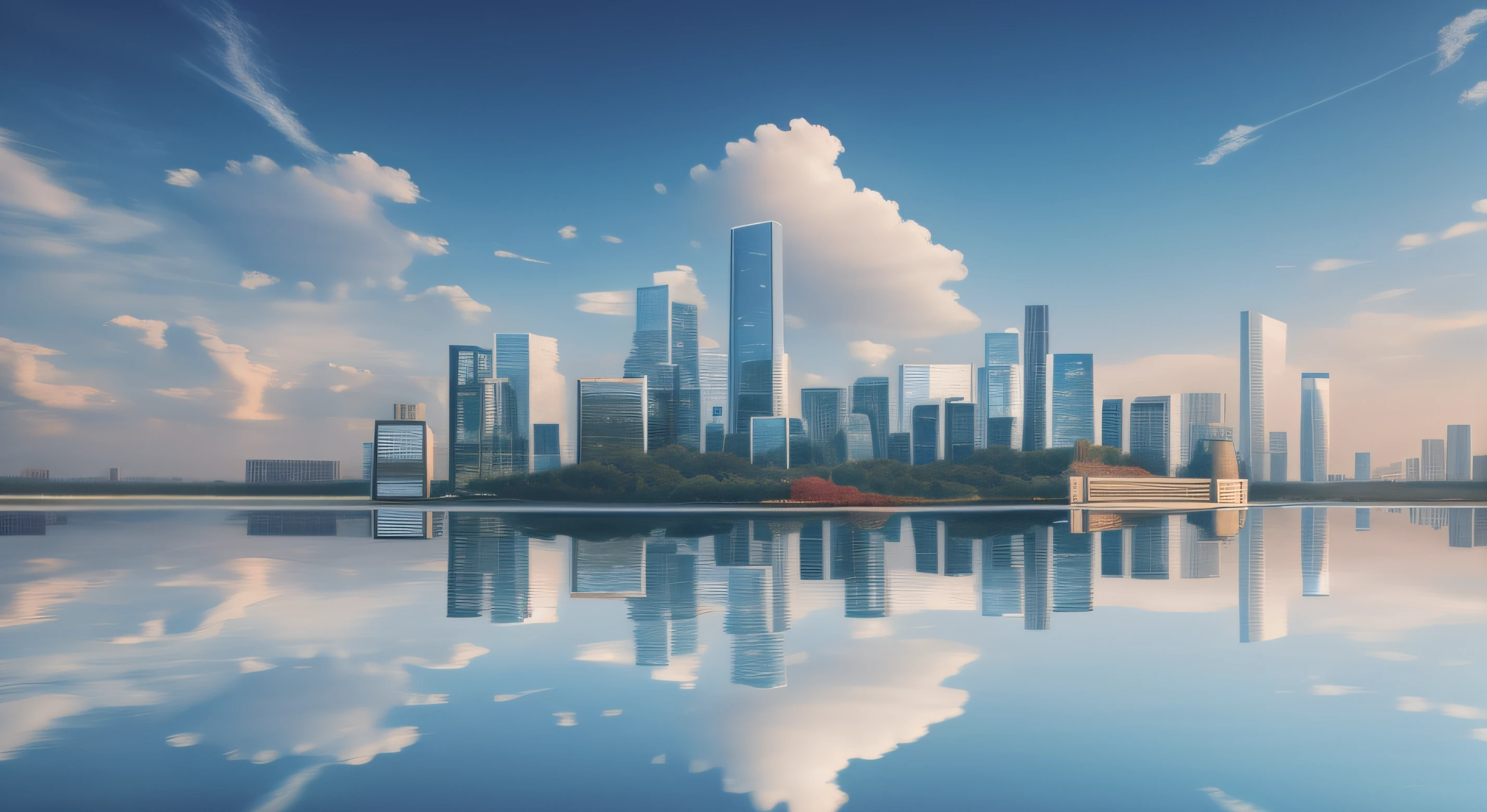 There is a large body of water，The background is a city, city reflection, Beautiful cityscape, beautiful cityscape background, beijing, city reflection, with tall glass skyscrapers, super wide view of a cityscape, Photos of the cityscape, city in backround, Vistas of the city, Beautiful city, urban in the background, Surreal cityscape background