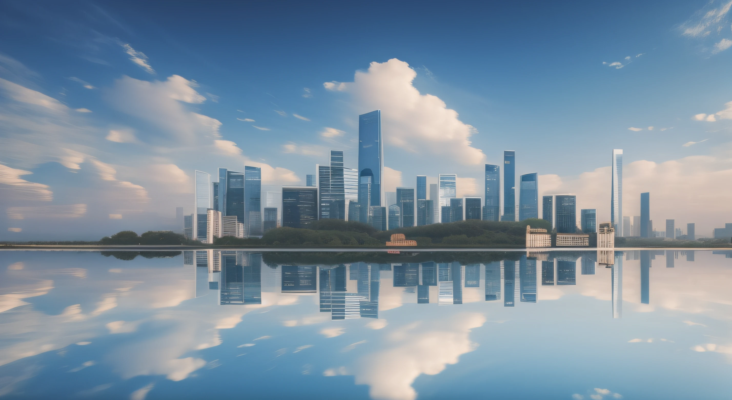 There is a large body of water，The background is a city, city reflection, Beautiful cityscape, beautiful cityscape background, beijing, city reflection, with tall glass skyscrapers, super wide view of a cityscape, Photos of the cityscape, city in backround, Vistas of the city, Beautiful city, urban in the background, Surreal cityscape background