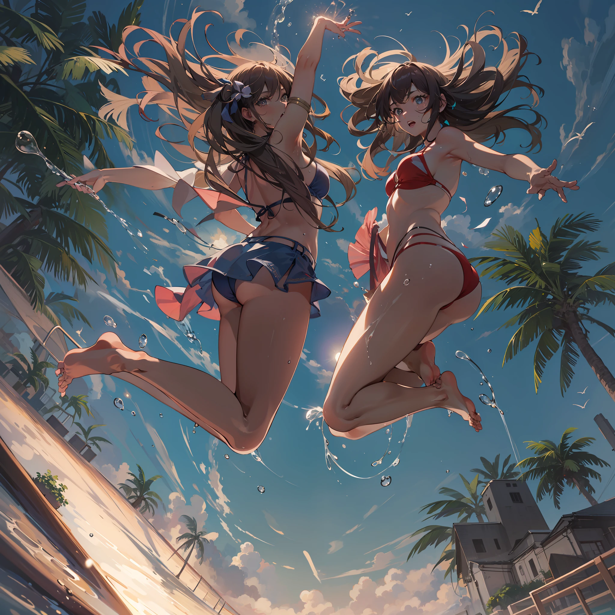 Wearing sweat,Mid summer,The bikini,Night Pool:1.5,jumping into the pool,Blowing in the wind,Wet hair,2 girls in , (Raw photo: 1.2), (Realism: 1.4), (masutepiece: 1.3), (exquisite detailing: 1.2), Delicate and beautiful details, (Eye Detail), (Facial Detailed), (Highest Quality) :1.4), (Hyper-Resolution: 1.2), cinematric light, (very detailed illustration), Best Quality,depth of fields, Wide light, natural shadows