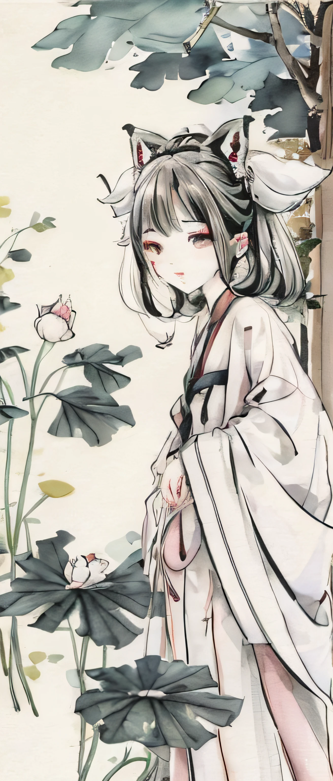 ((4k,masterpiece,best quality)), shuimobysim, Chinese painting, lotus, Hanfu, maxikit, conservatively dressed 1 boy, solo, white hair, fox ears, white, fish, there are many fish near the boy, look at the audience, tease oneeshota ,