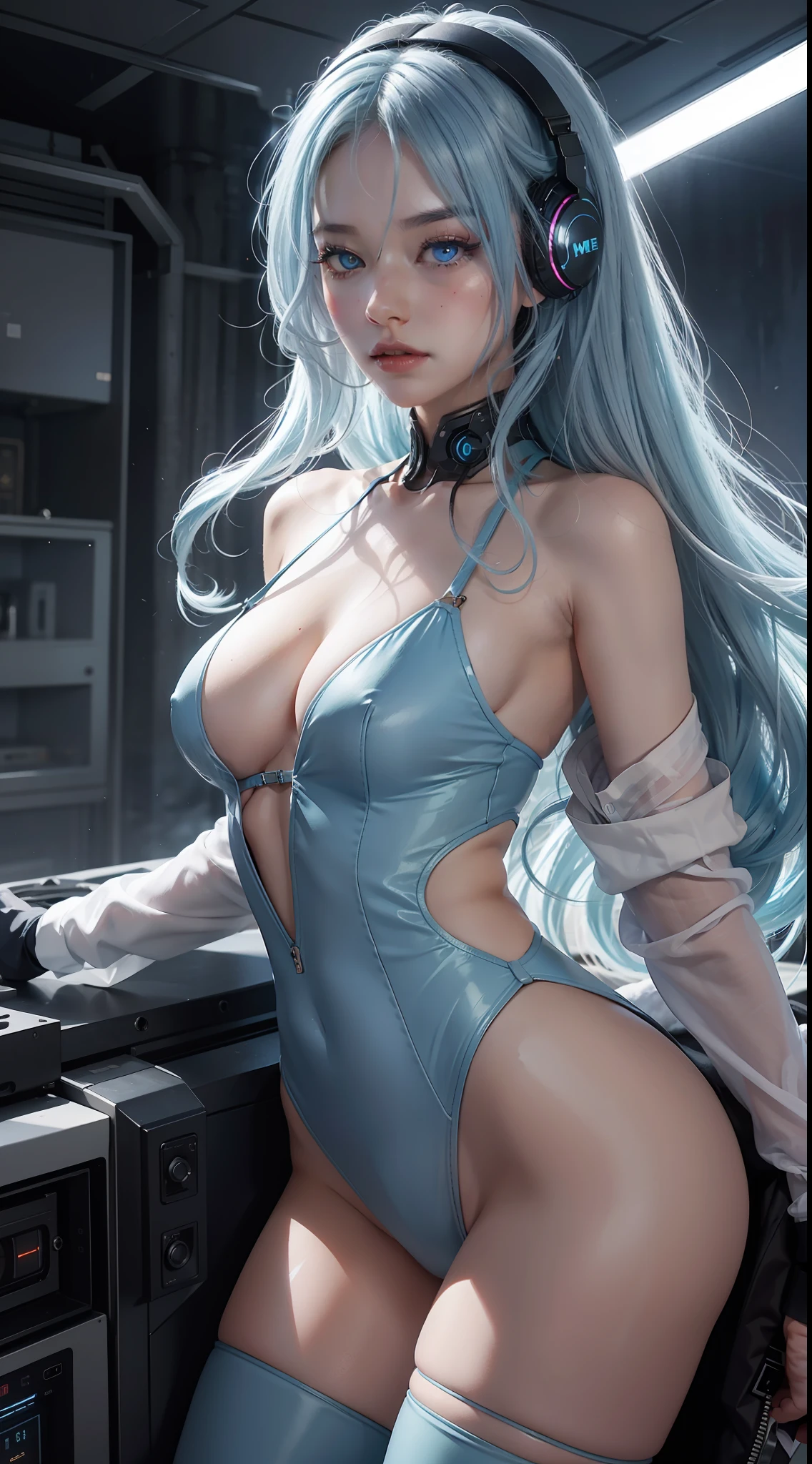 one-girl，Long light blue hair slightly curly，lewd poses，High temperament and coldness，Messy long hair，blue color eyes，Long white eyelashes，Bring headphones，The mouth is closed，No teeth exposed，Rainbow，cyber punk perssonage，The environment is simple，Meticulous facial features，8K，hyper HD，the detail（1：2），cinematric light，warm lights，looking at viewert，鎖骨，Shoulders exposed，Blackn clothes，复杂，Rich in graphics，cruel，真实感