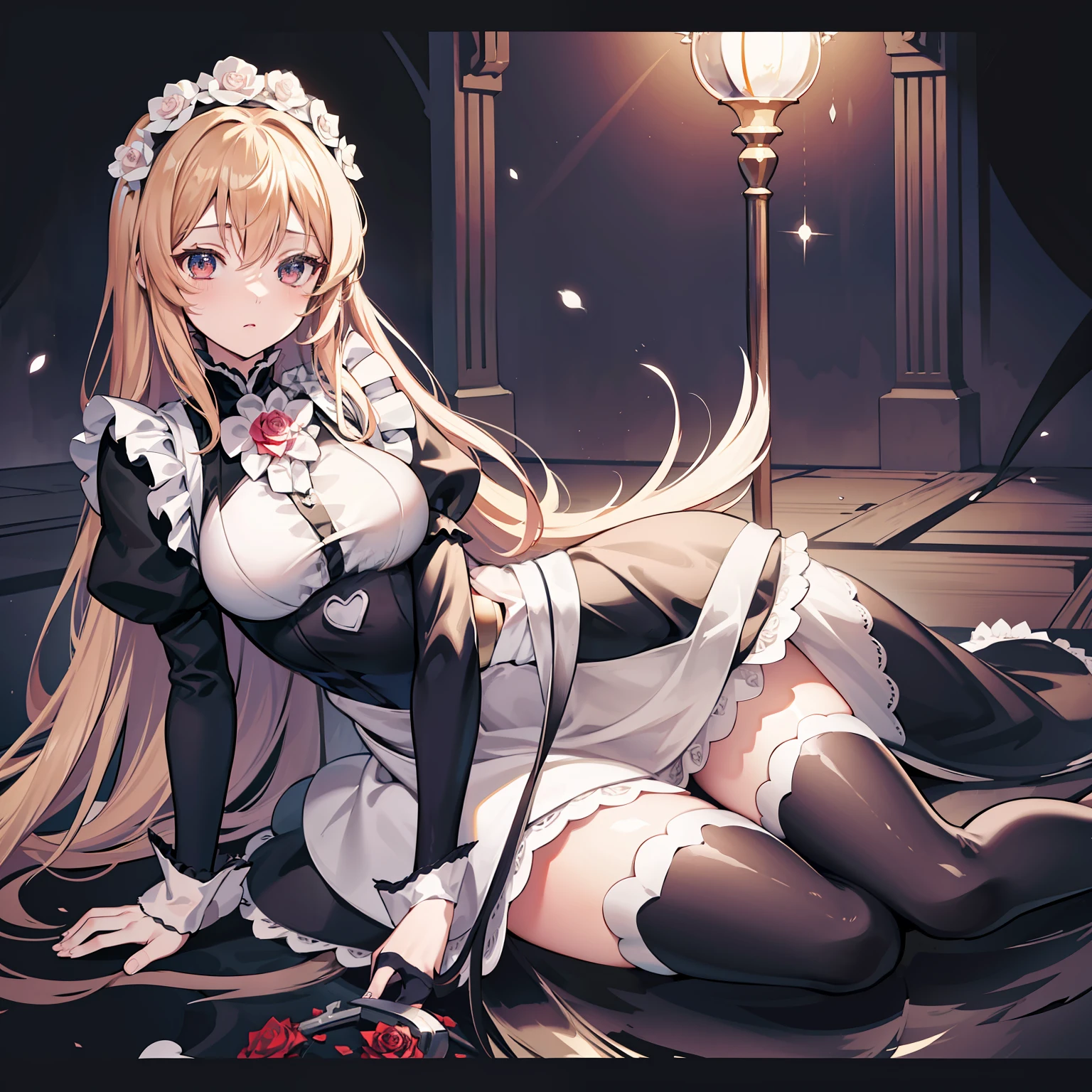 Illustration of Marisa drizzle wearing a maid costume, masutepiece, Fine details, 4K, 8K, 12K, Solo, One Person, Beautiful Girl, caucasian female, M-shaped legs、Black Maid Outfit、lots of ruffles、Rose flower、in a house