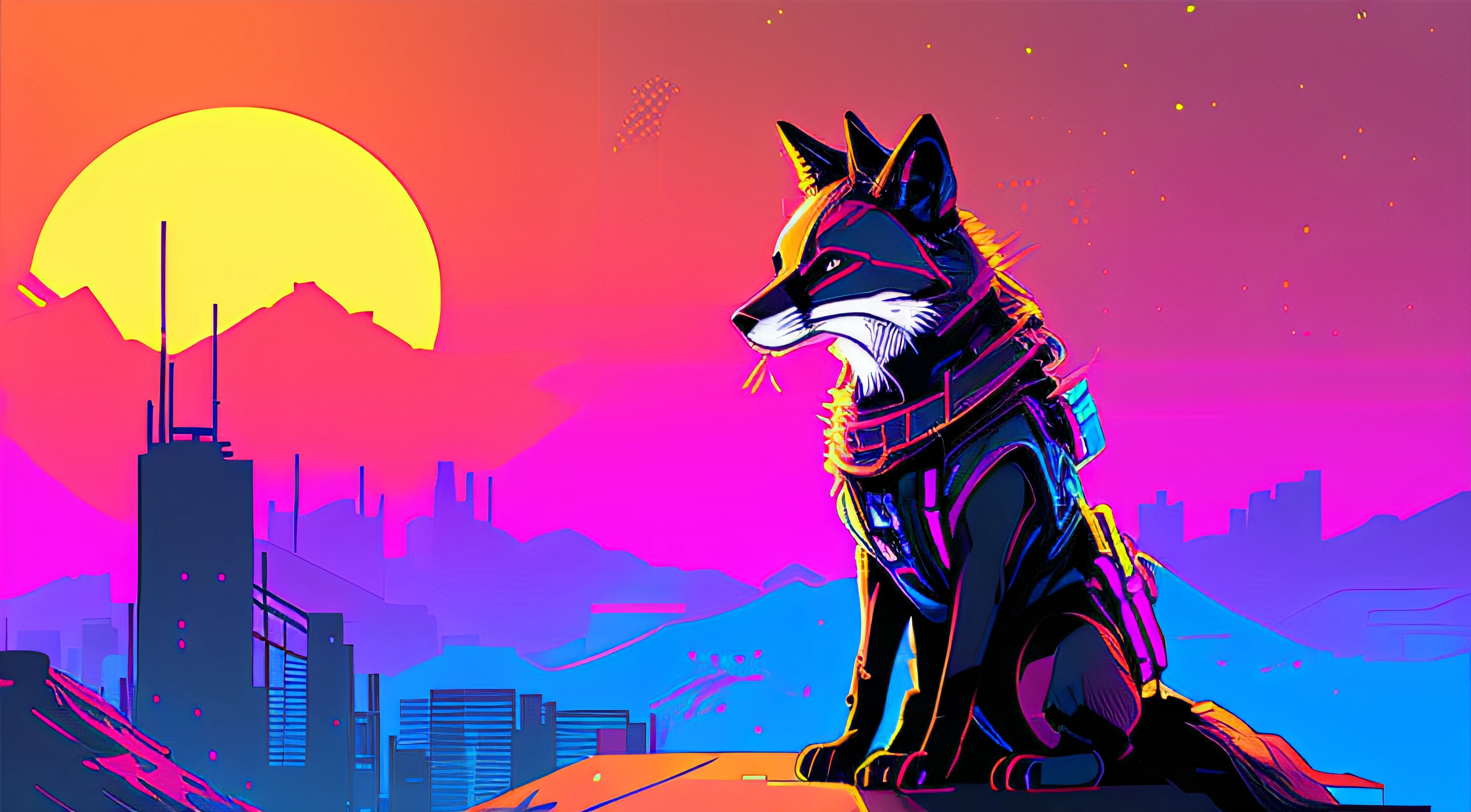 (nvinkpunk:1.2) (snthwve style:0.8) fox, anthro, lightwave, sunset, intricate, highly detailed