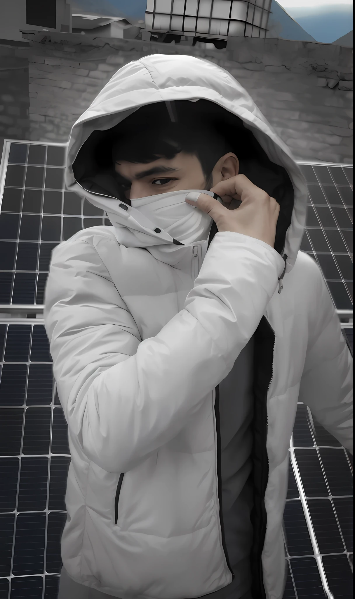 arafed man in a white jacket and a mask on a cell phone, solar punk product photo, cold, wearing space techwear, hood and shadows covering face, covered solar system, solarpunk human, solar punk, solar powered, solarpunk style, infrared, wearing sci - fi cloak with hood, cinematic outfit photo, wearing urban techwear, environmental portrait