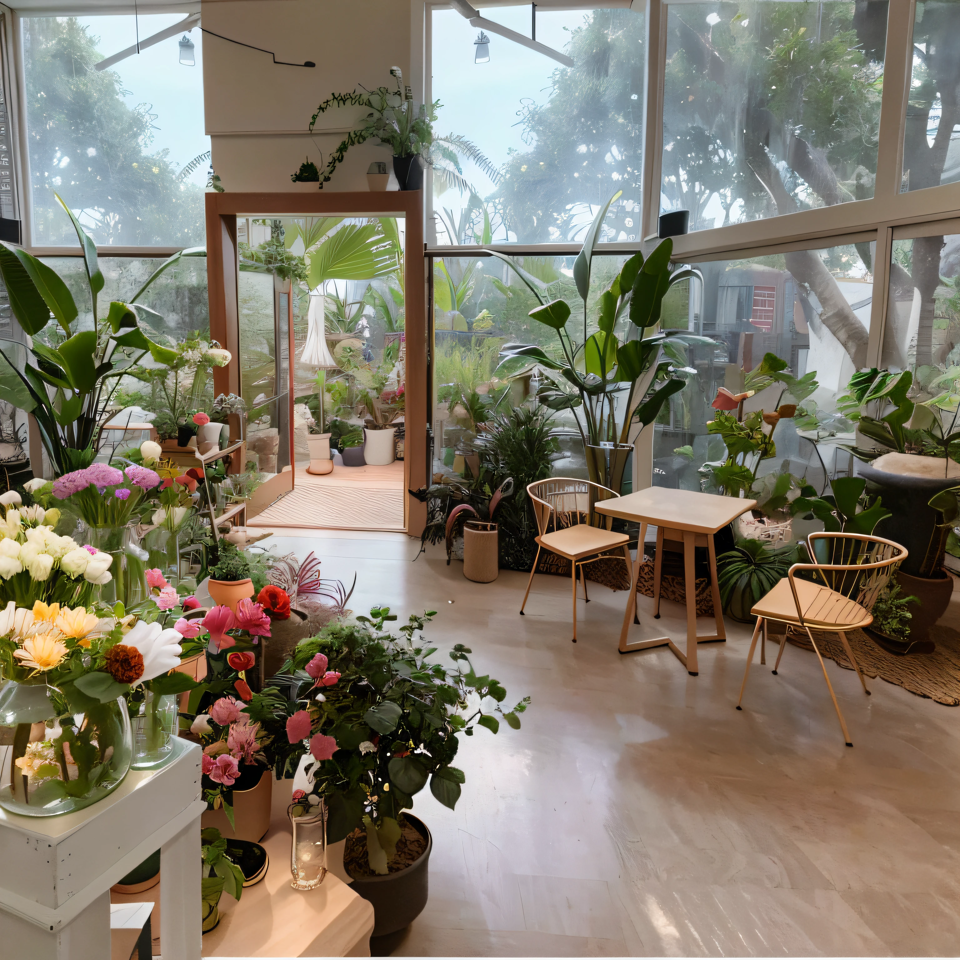 The room had a lot of plants and a table and chairs, interior setting, in bloom greenhouse, lush plants and bonsai trees, Terrarium seating area, lush plants and flowers, indoor, floral environment, with flowers and plants, with backdrop of natural light, Lots of plants and flowers, lush surroundings, Peaceful environment, plants and jungle, Flowers and plants,Blue sky,